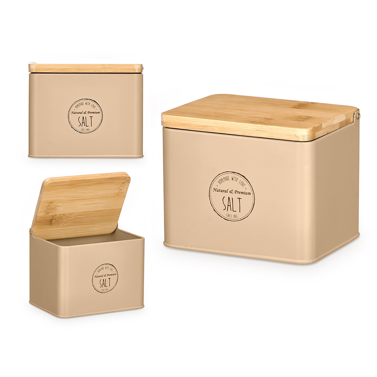 Beige Salzbehälter mit Holzdeckel, von vorne und Seite gezeigt.