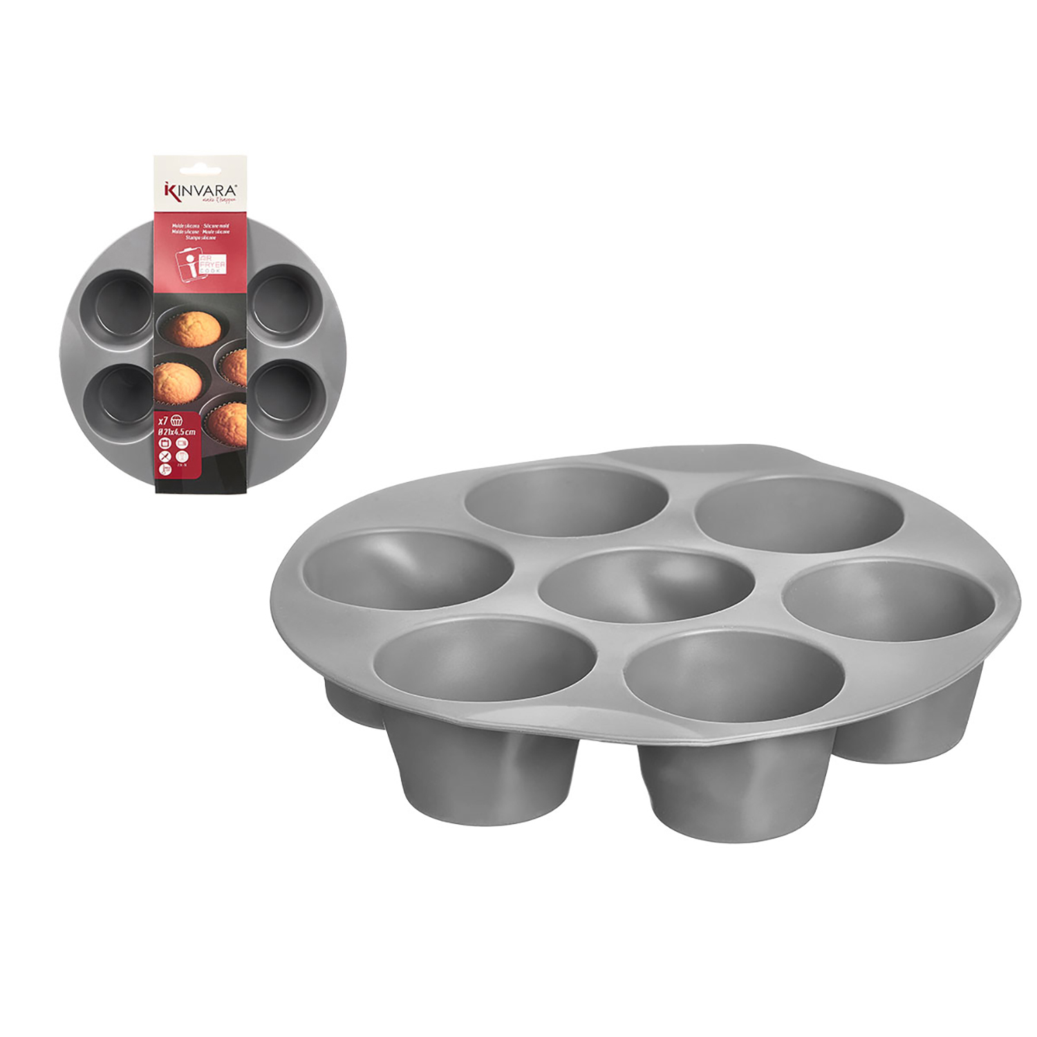 Molde para magdalenas de silicona gris con 7 cavidades. Empaque muestra magdalenas.