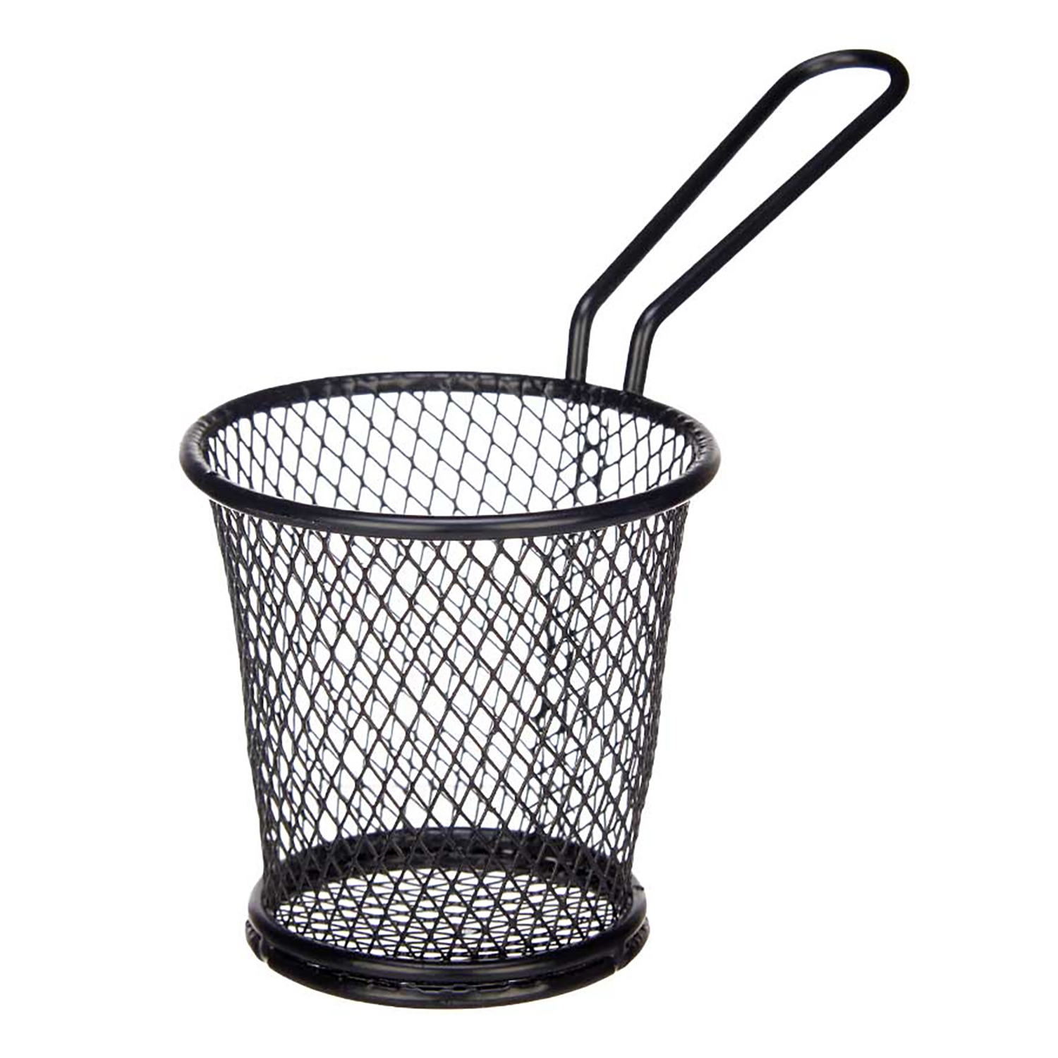 Un cestello di filo nero con manico per patatine fritte.