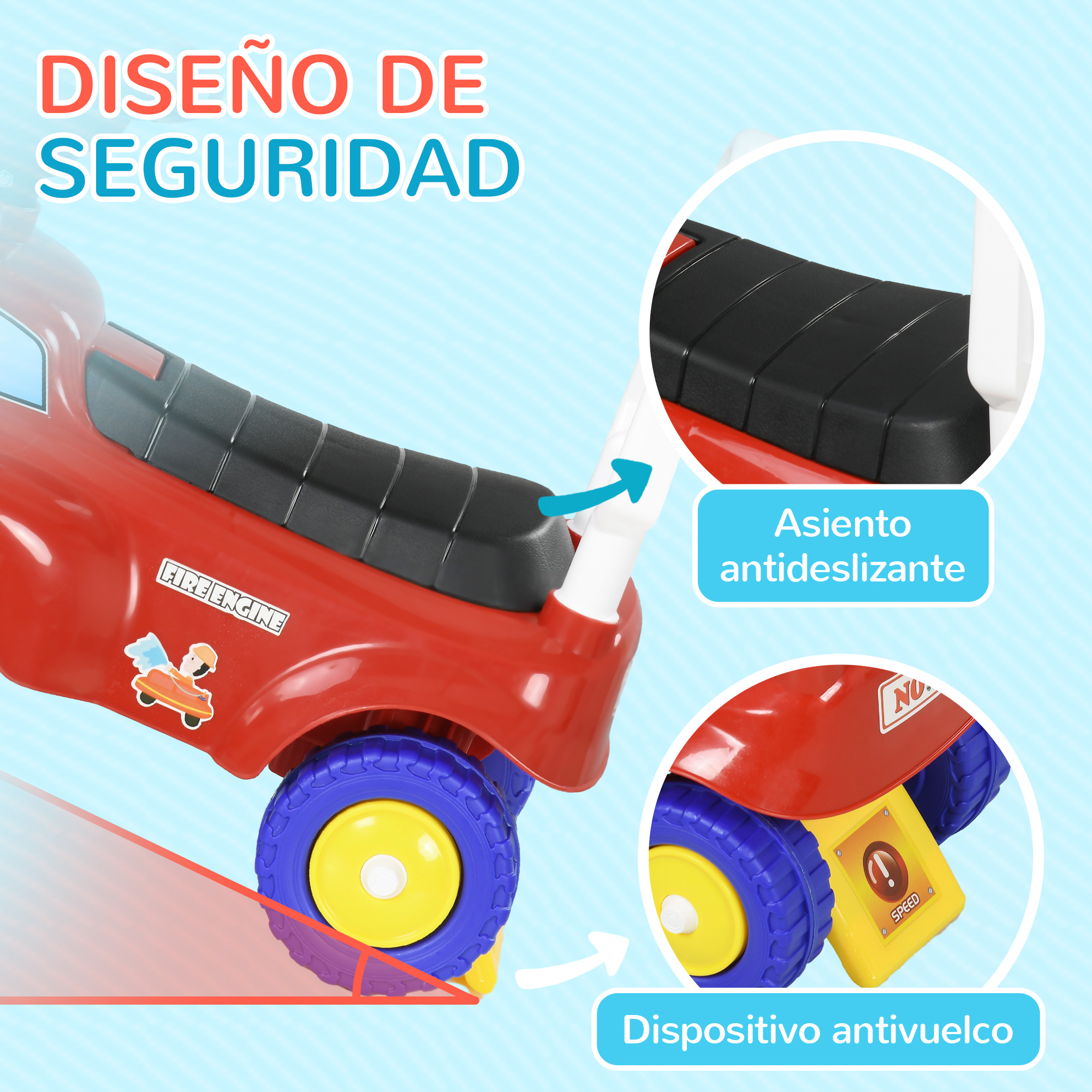 Coche de juguete rojo con ruedas azules, pegatina 'Fire Engine' y características de seguridad.