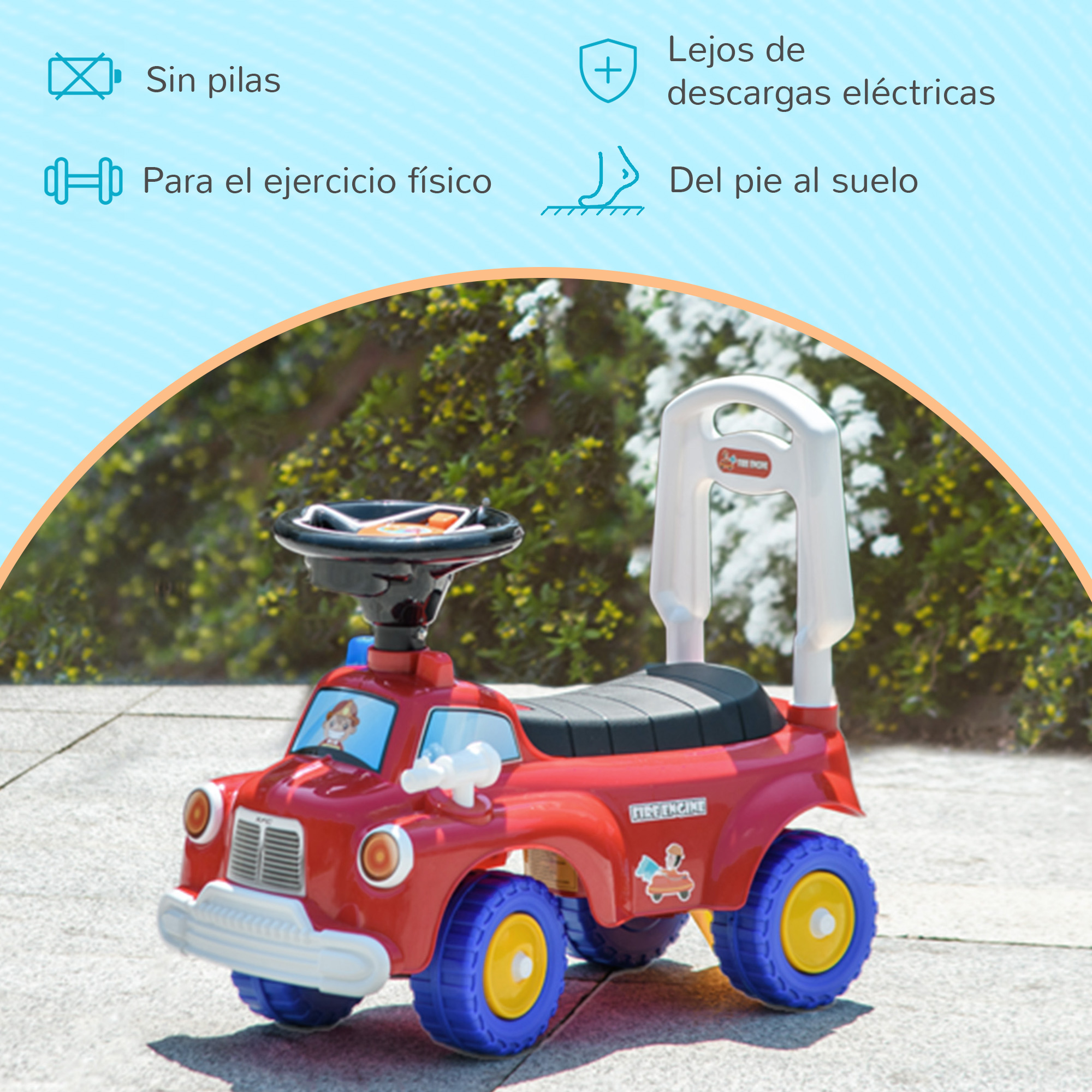 Un coche de juguete de bomberos rojo con volante y asa grandes.