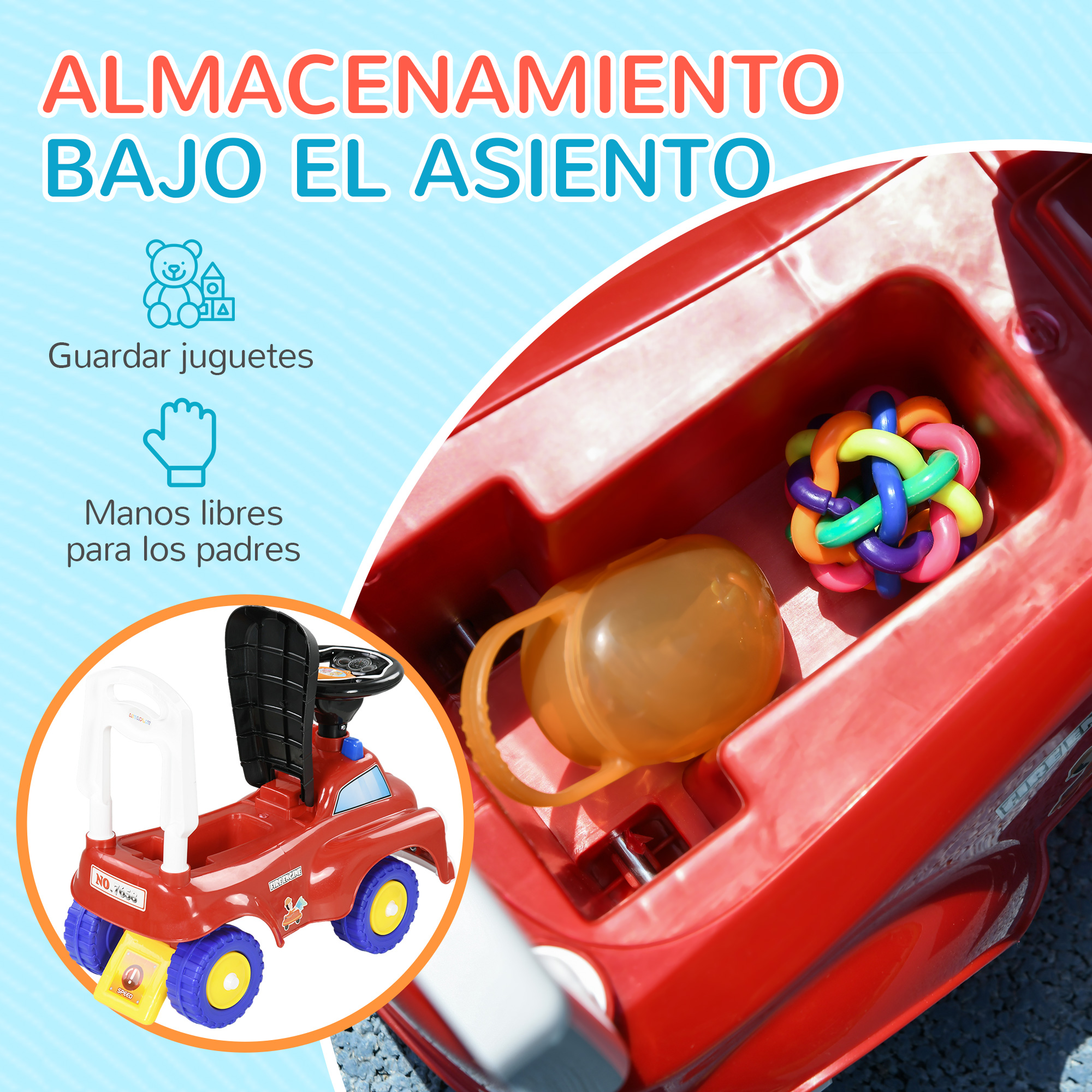 Un coche de juguete rojo con almacenamiento debajo del asiento para juguetes.