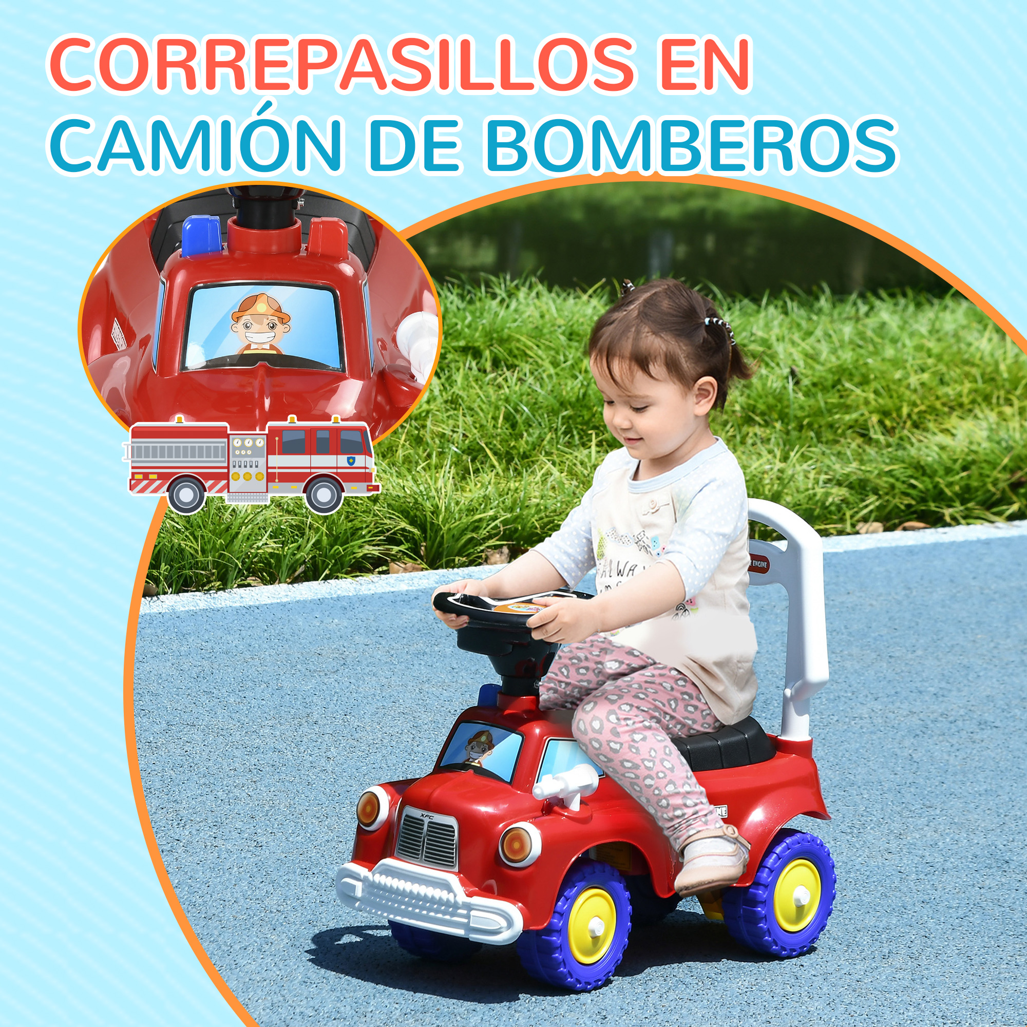 Una niña pequeña monta en un camión de bomberos de juguete rojo sobre una superficie azul.