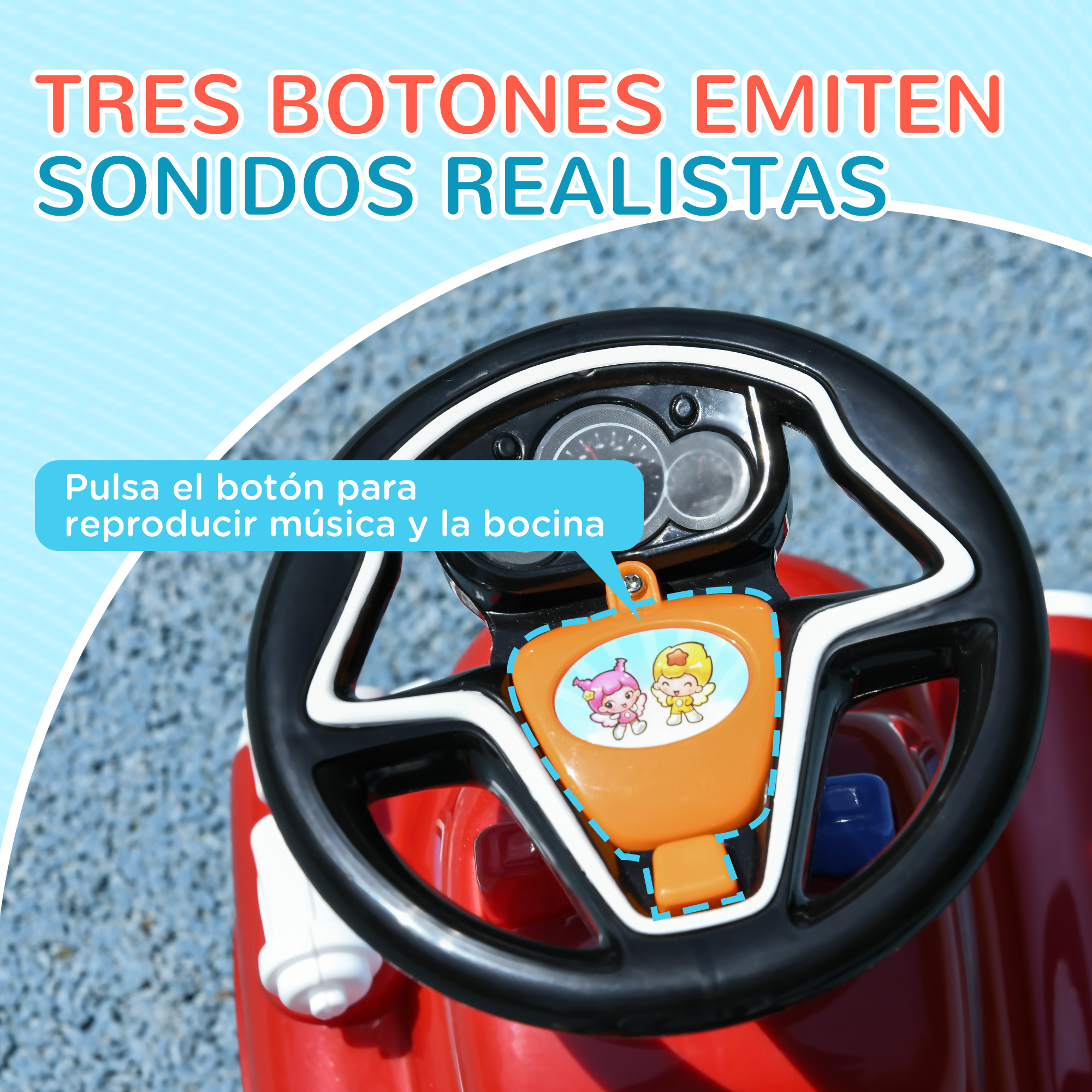 Volante de coche de juguete rojo con botones y personajes de dibujos animados.