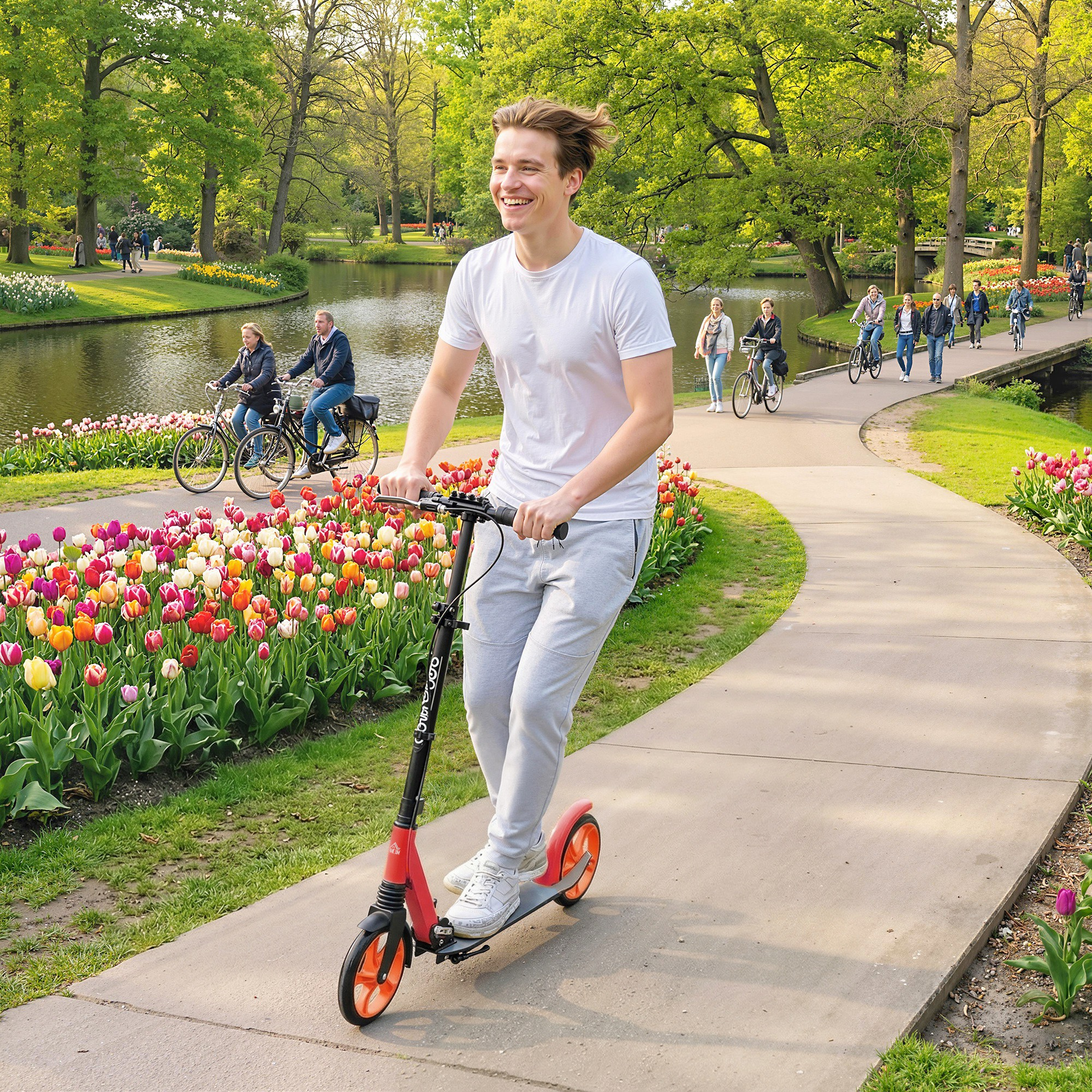 Un hombre monta un patinete rojo por un sendero junto a tulipanes.