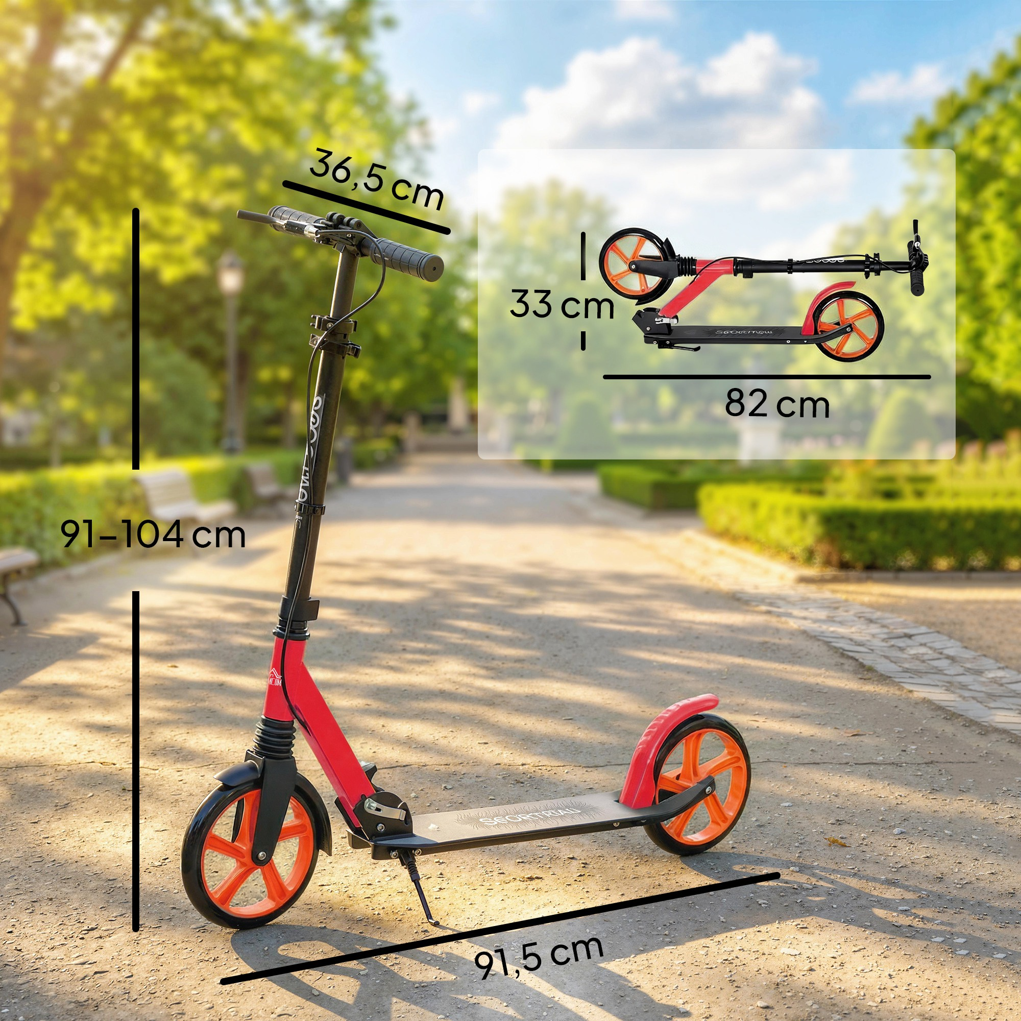 Un patinete rojo y negro con ruedas naranjas está en un camino de parque. Se muestran dimensiones.