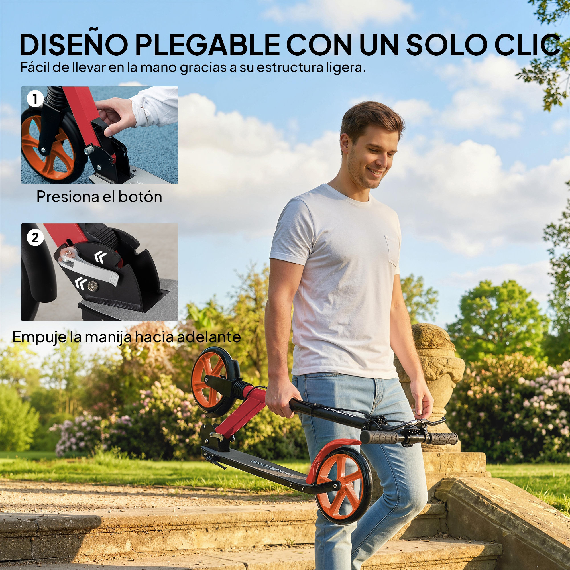 Hombre sosteniendo un patinete rojo con ruedas naranjas, plegable para transportarlo.