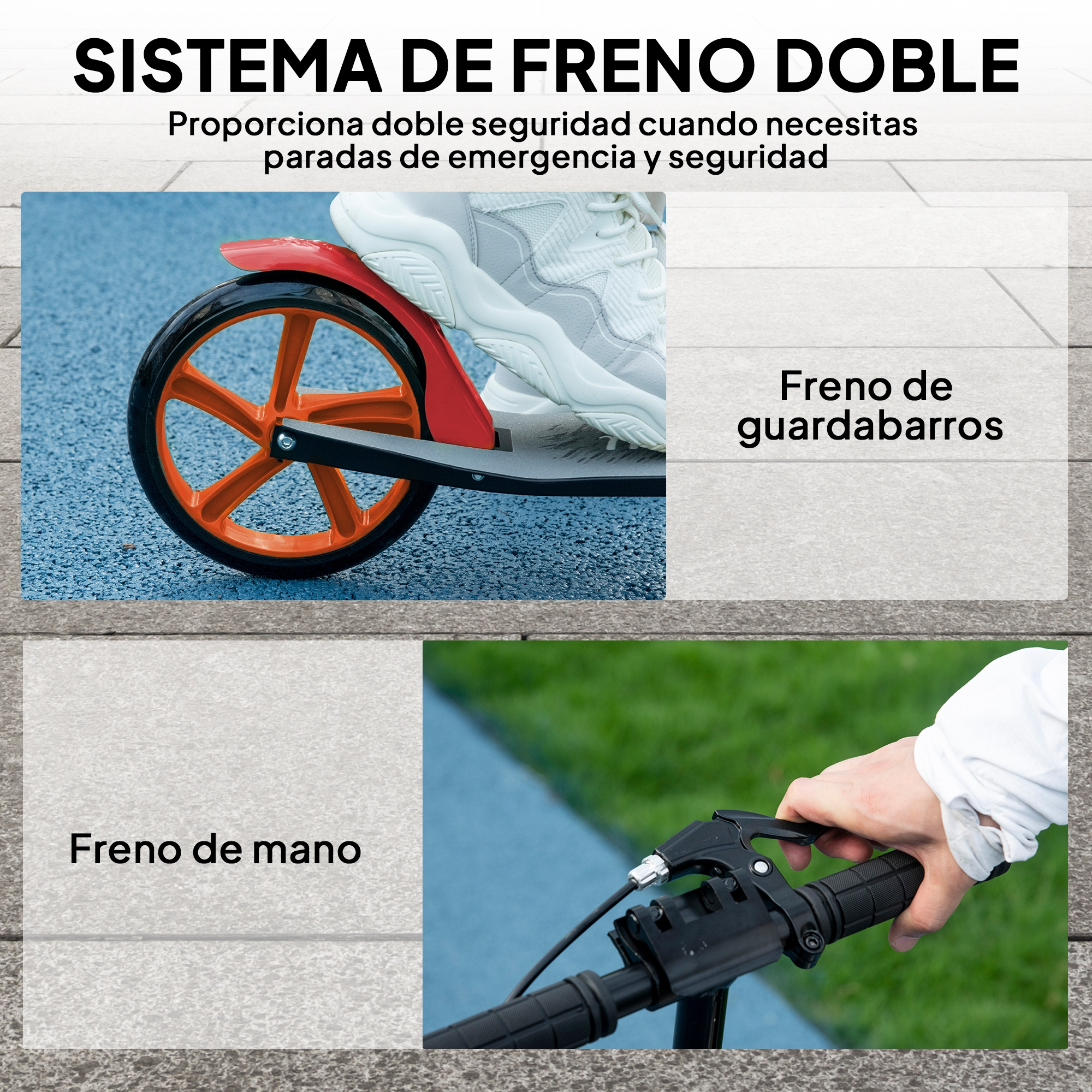 Primer plano del sistema de freno trasero de un patinete con radios naranjas.