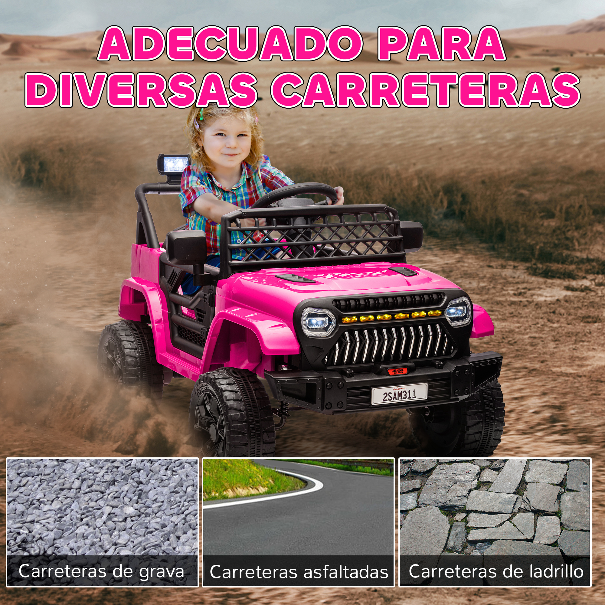 Una niña conduce un jeep eléctrico rosa en arena. Imágenes muestran grava, asfalto y ladrillo.