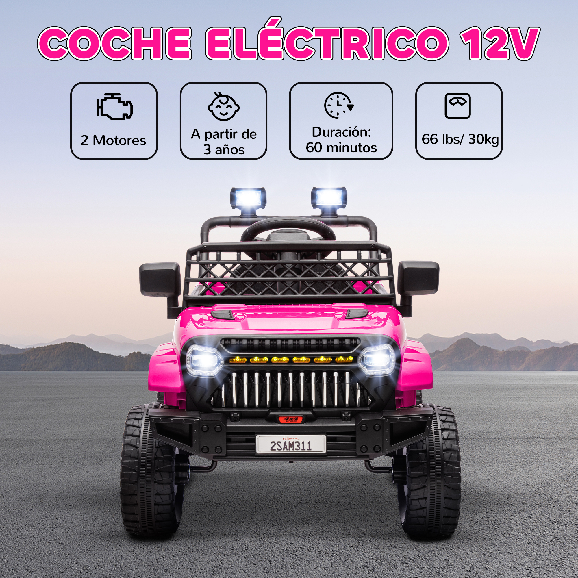 Un coche eléctrico rosa con 2 motores, 60 min de autonomía, 30 kg de carga.