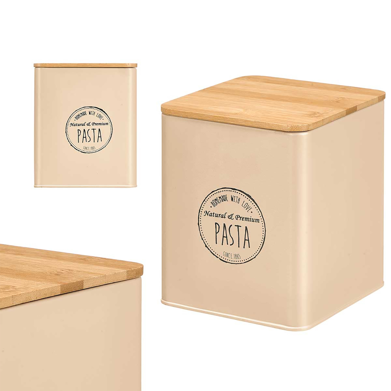 Beige Pastadose mit Holzdeckel und Aufdruck. Vintage-Stil.