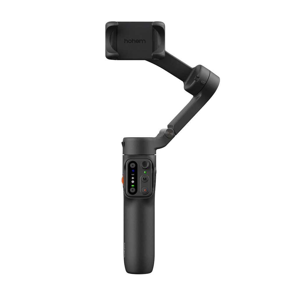 Un cardán negro para teléfono móvil con mango, controles y soporte.