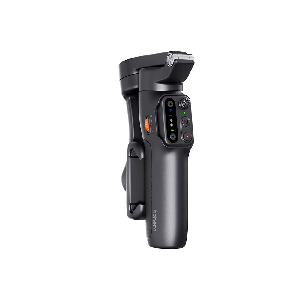 Gimbal negro con controles e indicadores de carga.