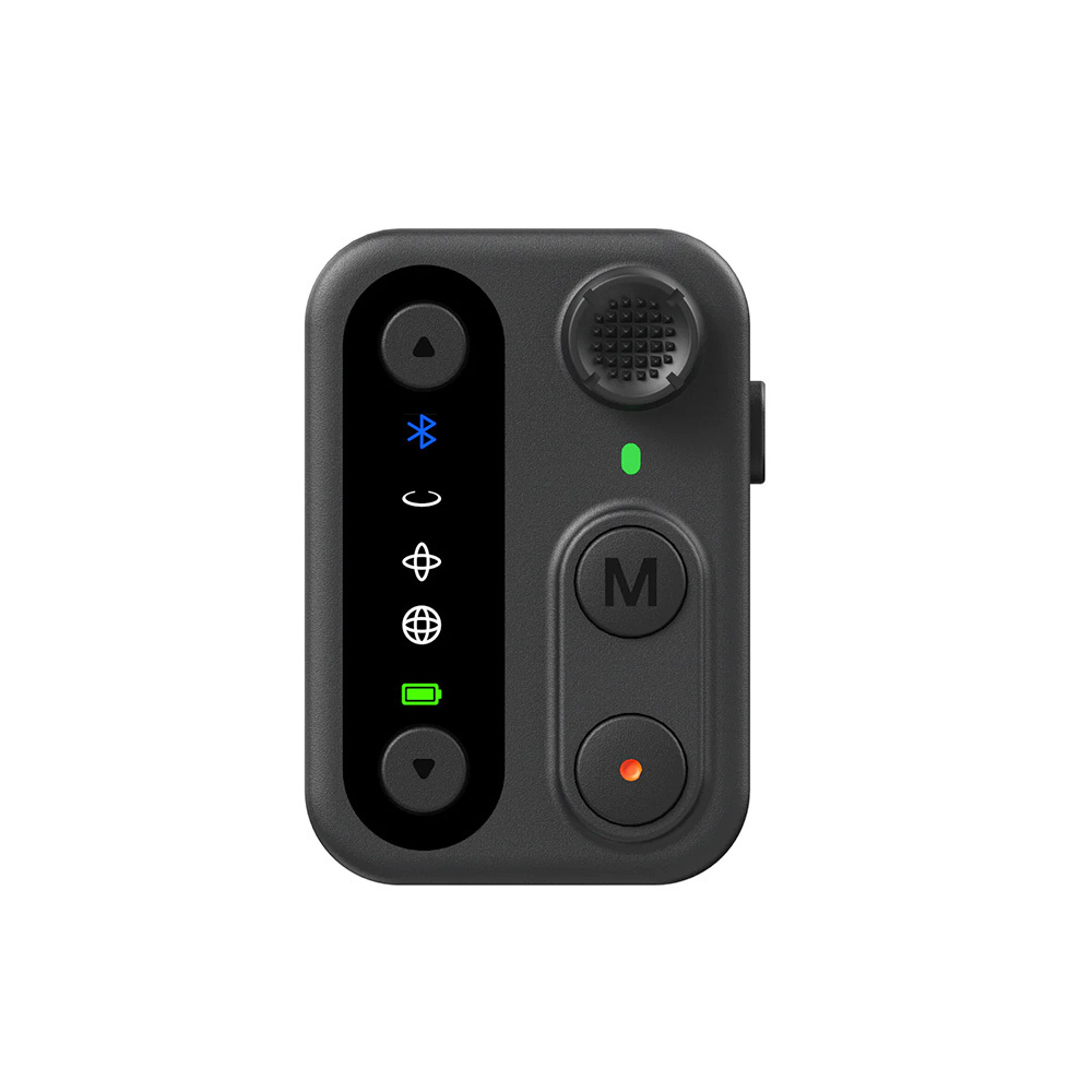 Un botón de control remoto negro con iconos y luces.
