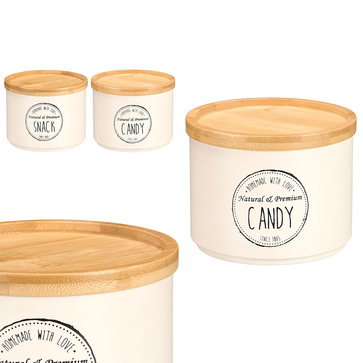 Contenitori bianchi con coperchio in legno, uno per snack, uno per caramelle.