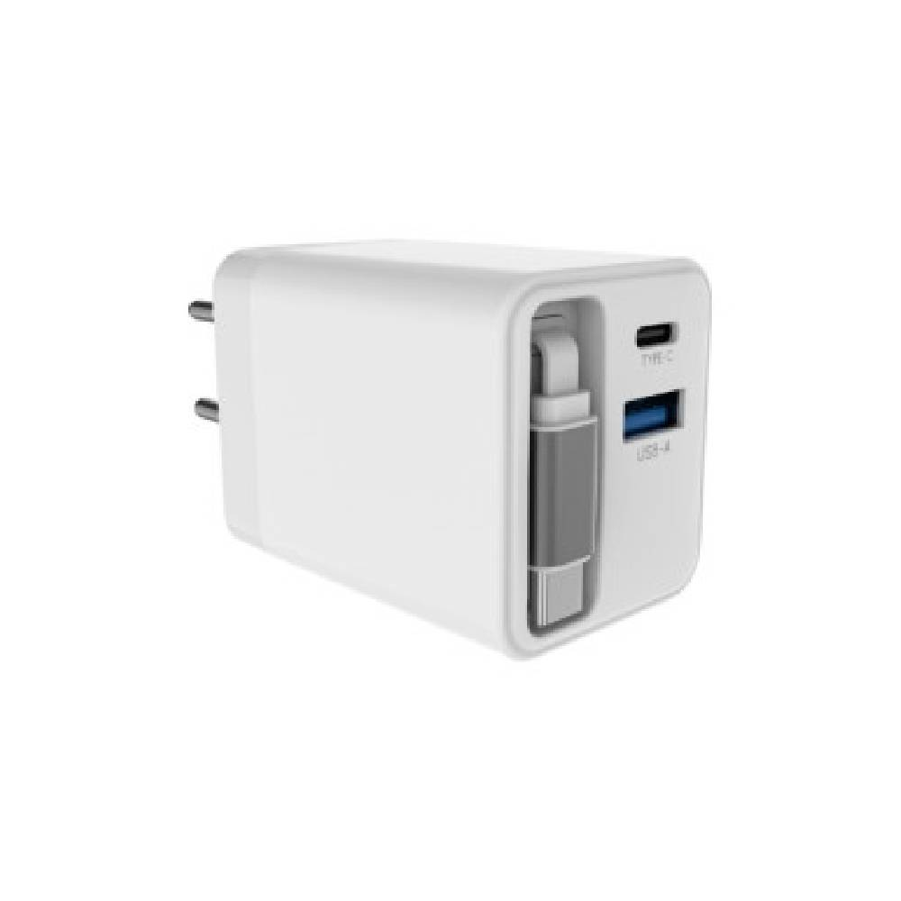 İki bağlantı noktalı beyaz USB-C şarj cihazı: USB-C ve USB-A.