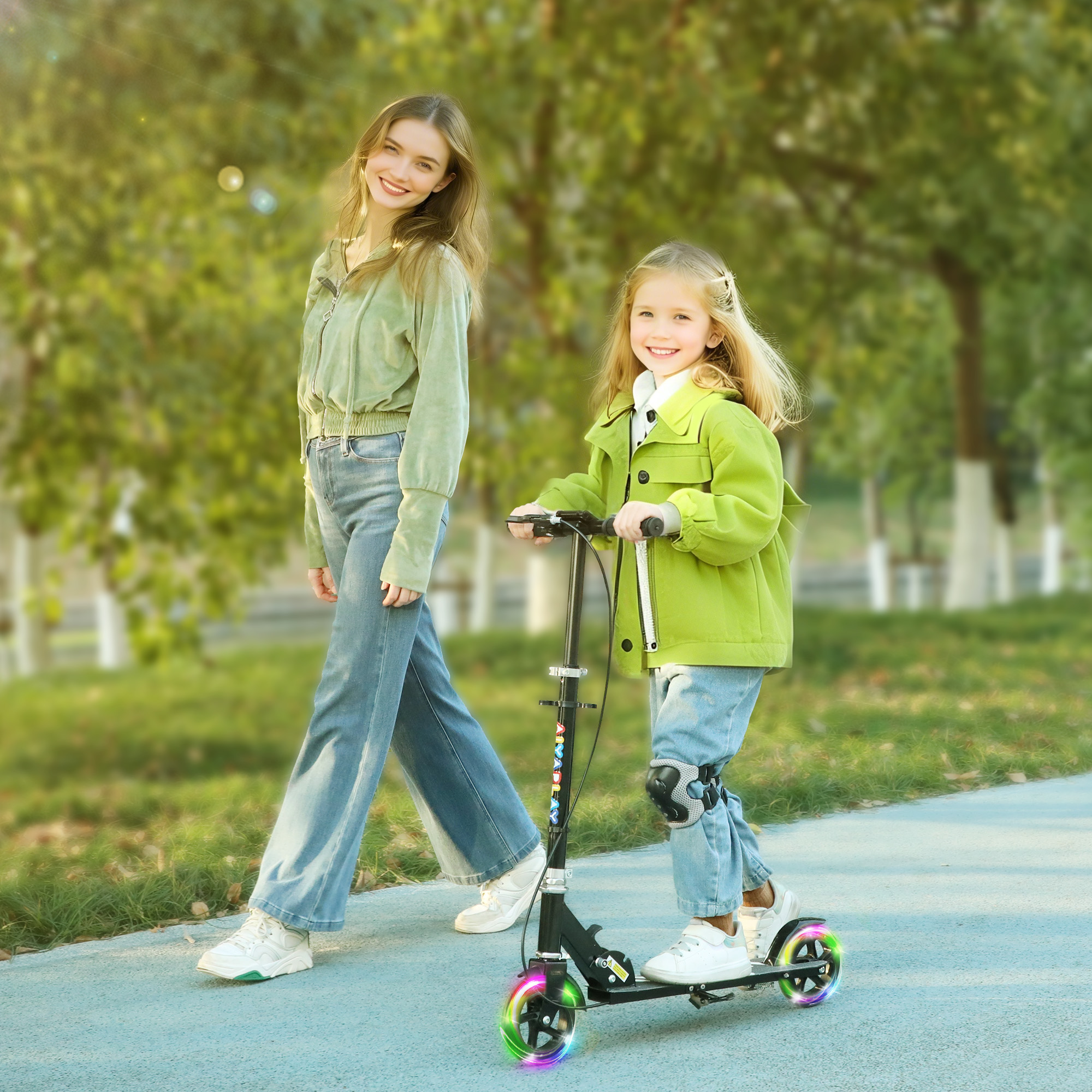 Una mujer joven y un niño pasean por un parque mientras el niño monta en patinete.