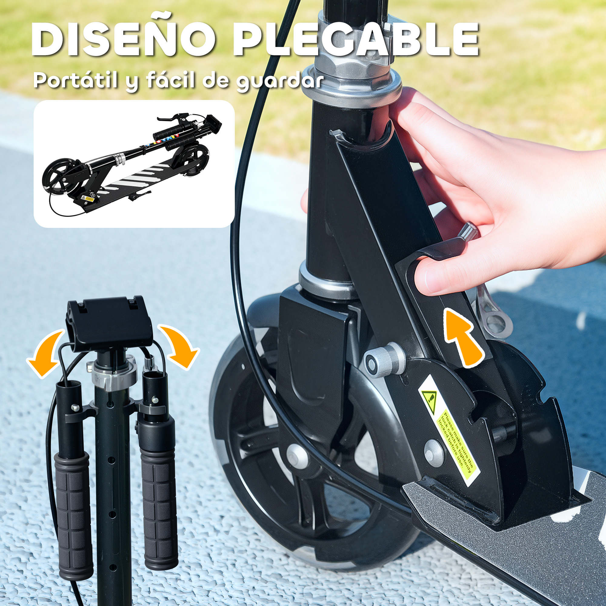 Persona doblando patinete negro; primer plano del manillar y la rueda.