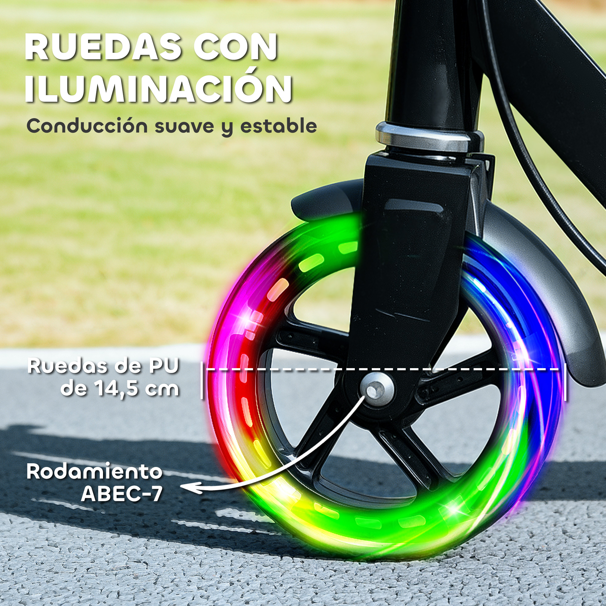 Un patinete con ruedas iluminadas en arcoíris, ruedas de PU de 14,5 cm, rodamientos ABEC-7.