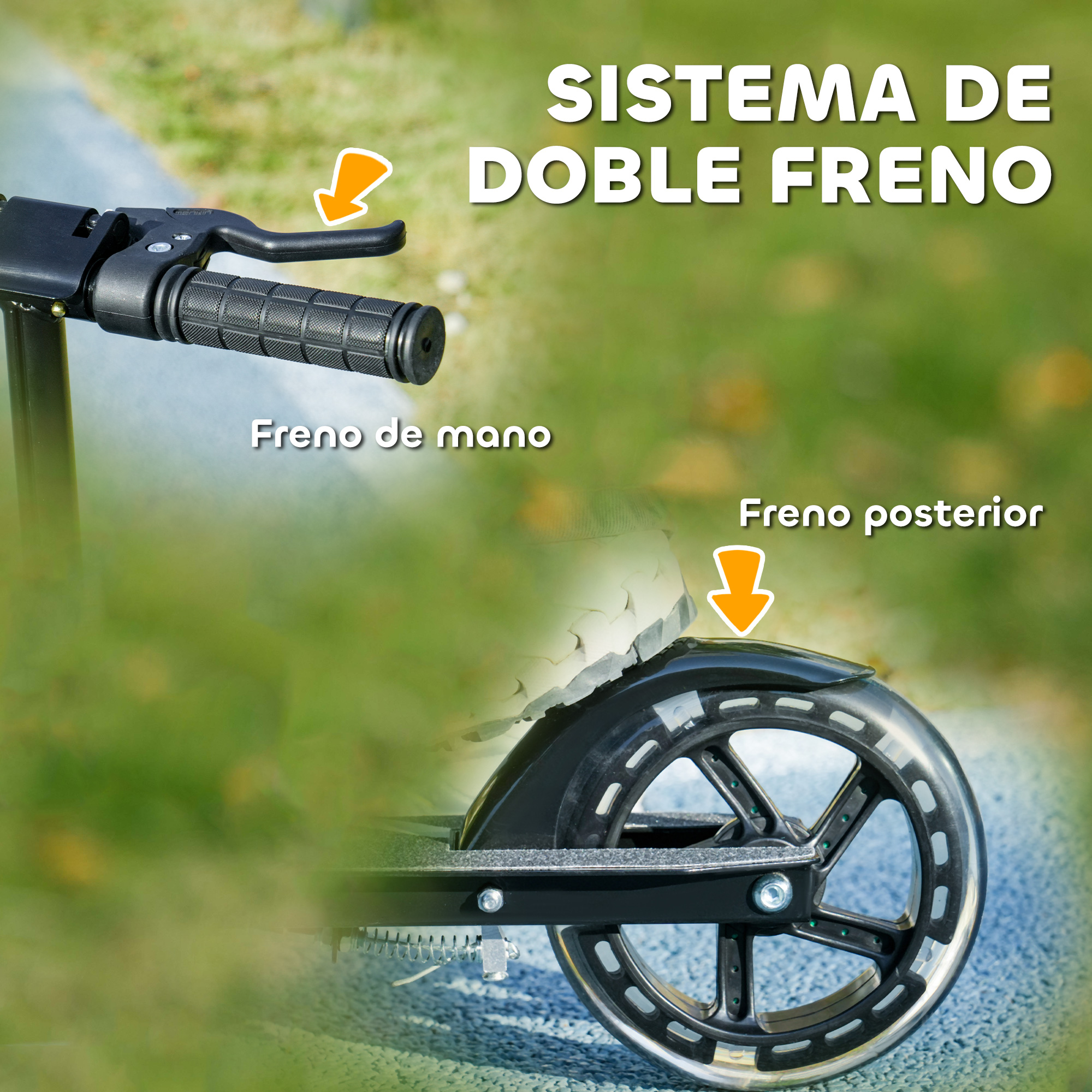 Primer plano de un patinete con freno de mano y freno trasero, al aire libre.