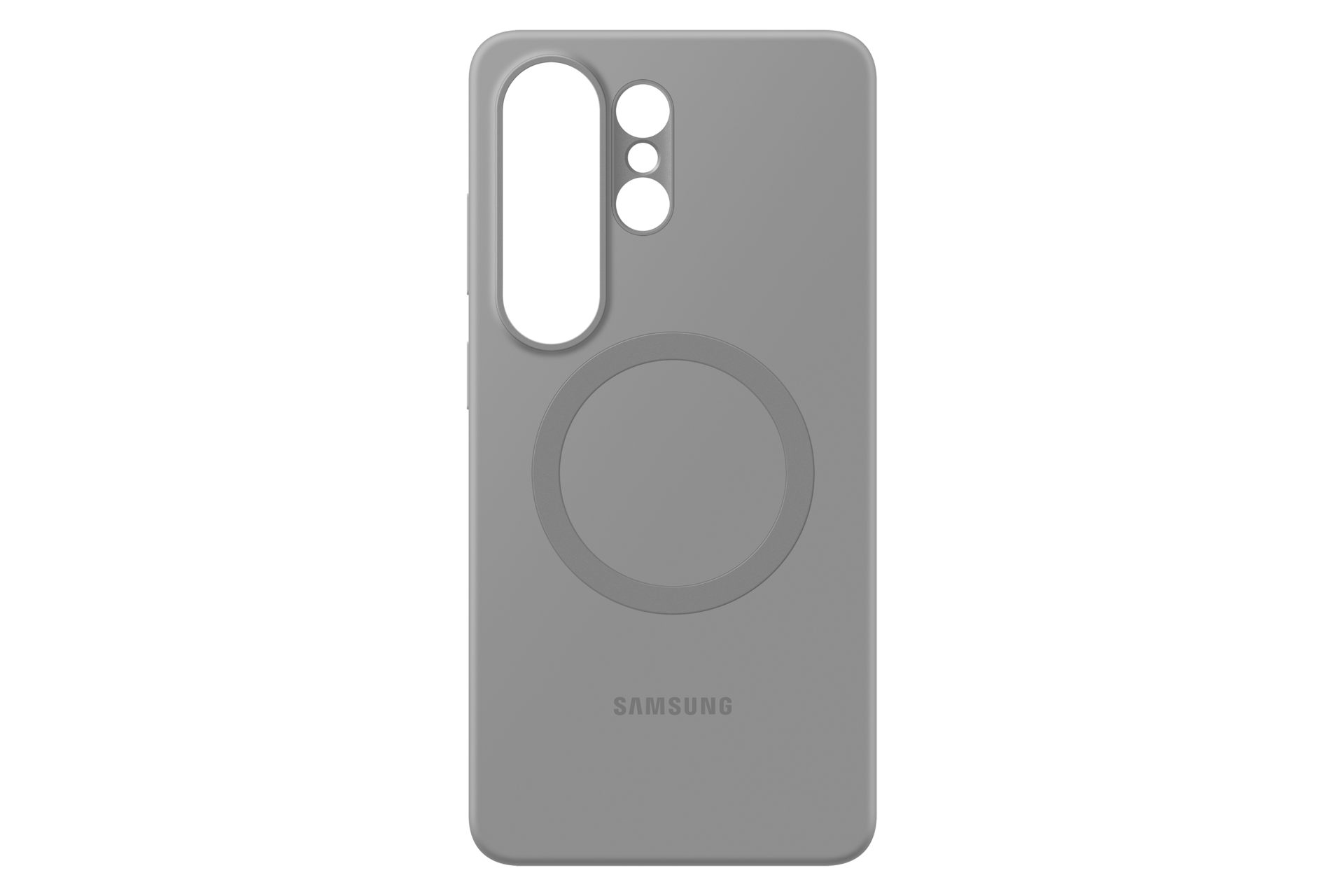 Funda de teléfono gris con recorte de cámara y anillo magnético circular.