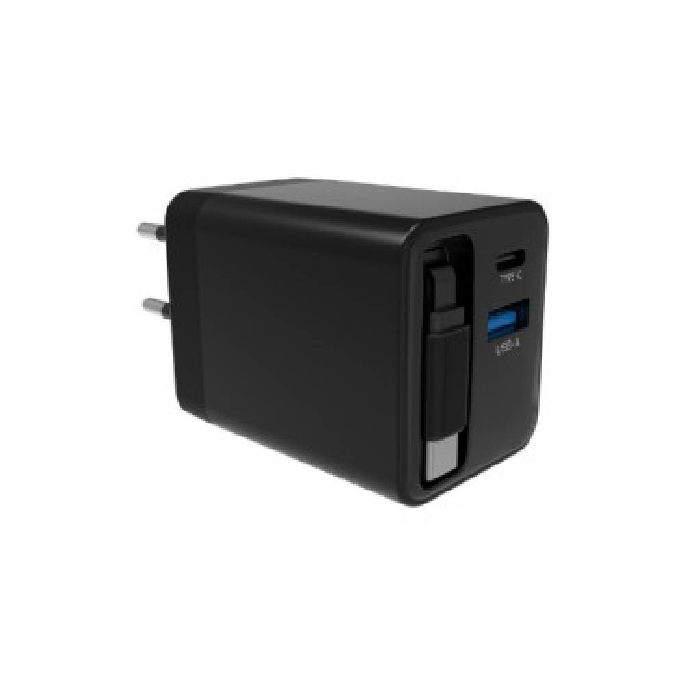 Katlanabilir fişli, iki portlu siyah USB-C hızlı şarj cihazı.