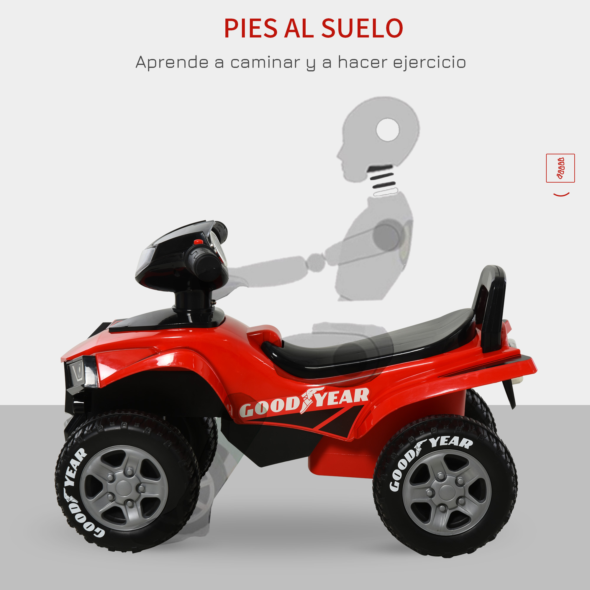 Quad infantil rojo con marca Goodyear y figura estilizada.