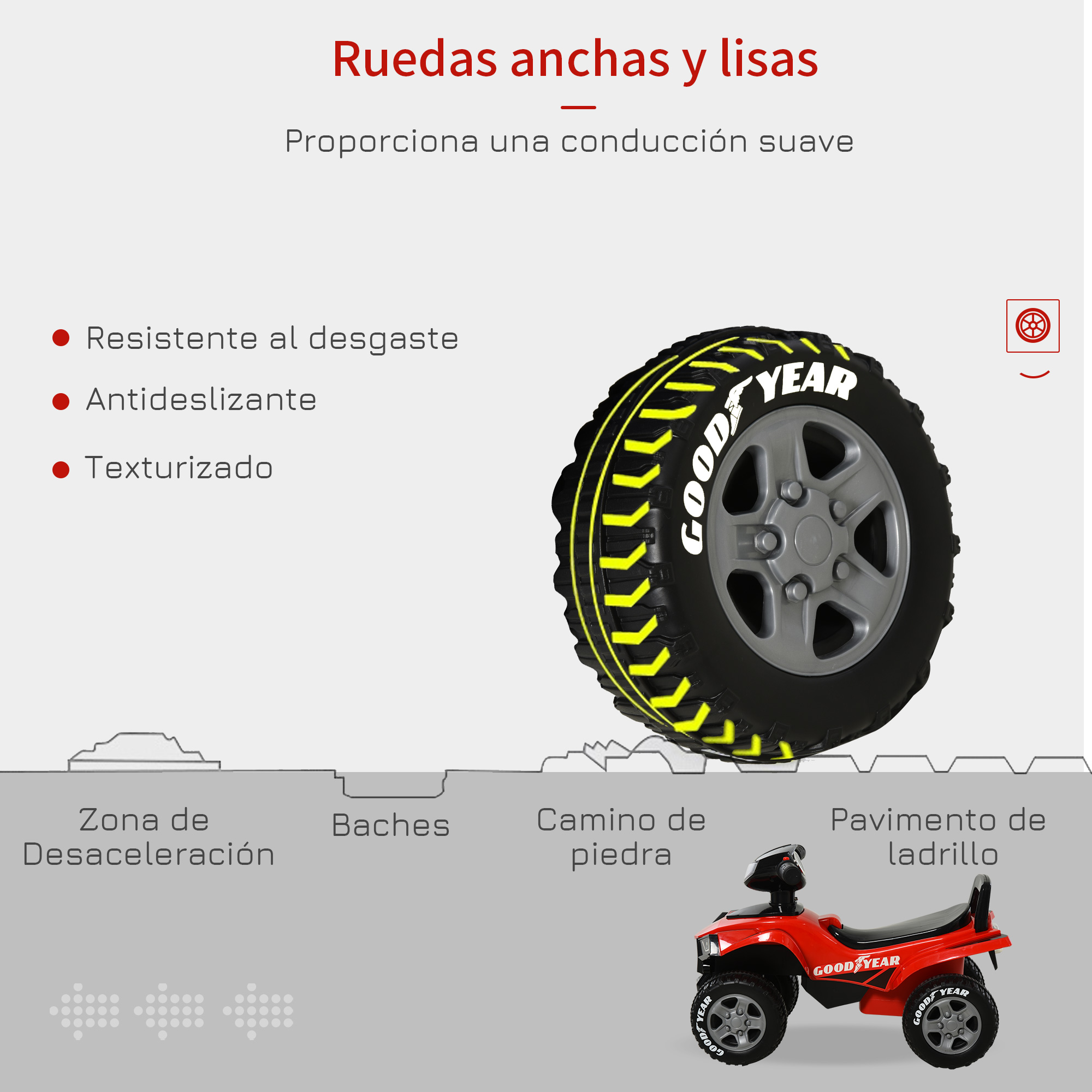 Un coche de juguete rojo con neumáticos anchos y lisos con marca Goodyear.