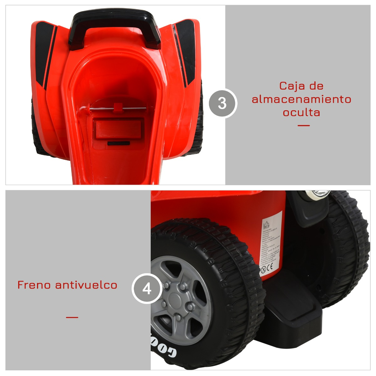 Jeep de juguete rojo con asa negra y luces traseras. Detalle de ruedas.