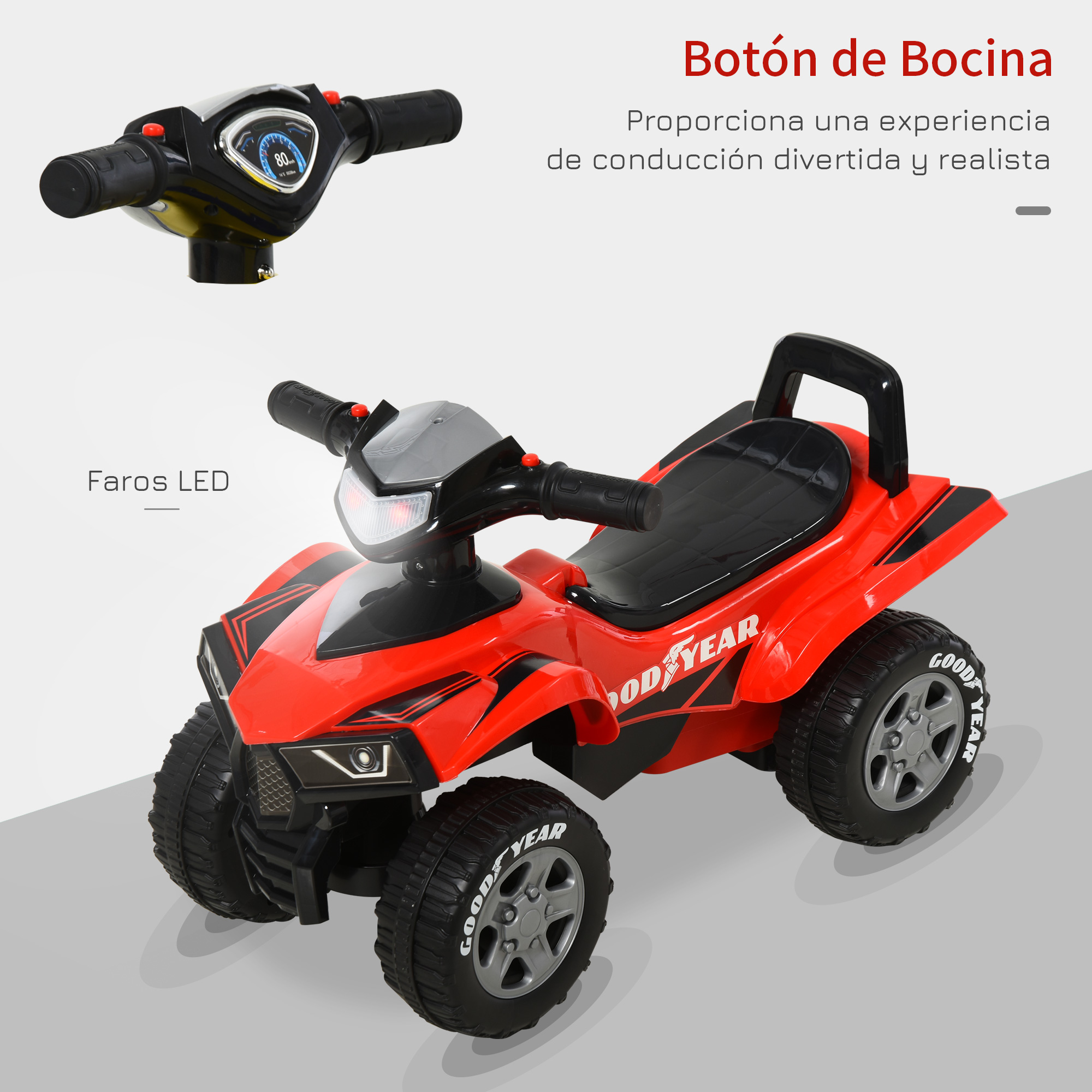 ATV infantil rojo con detalles negros, manillar con pantalla, faros LED.