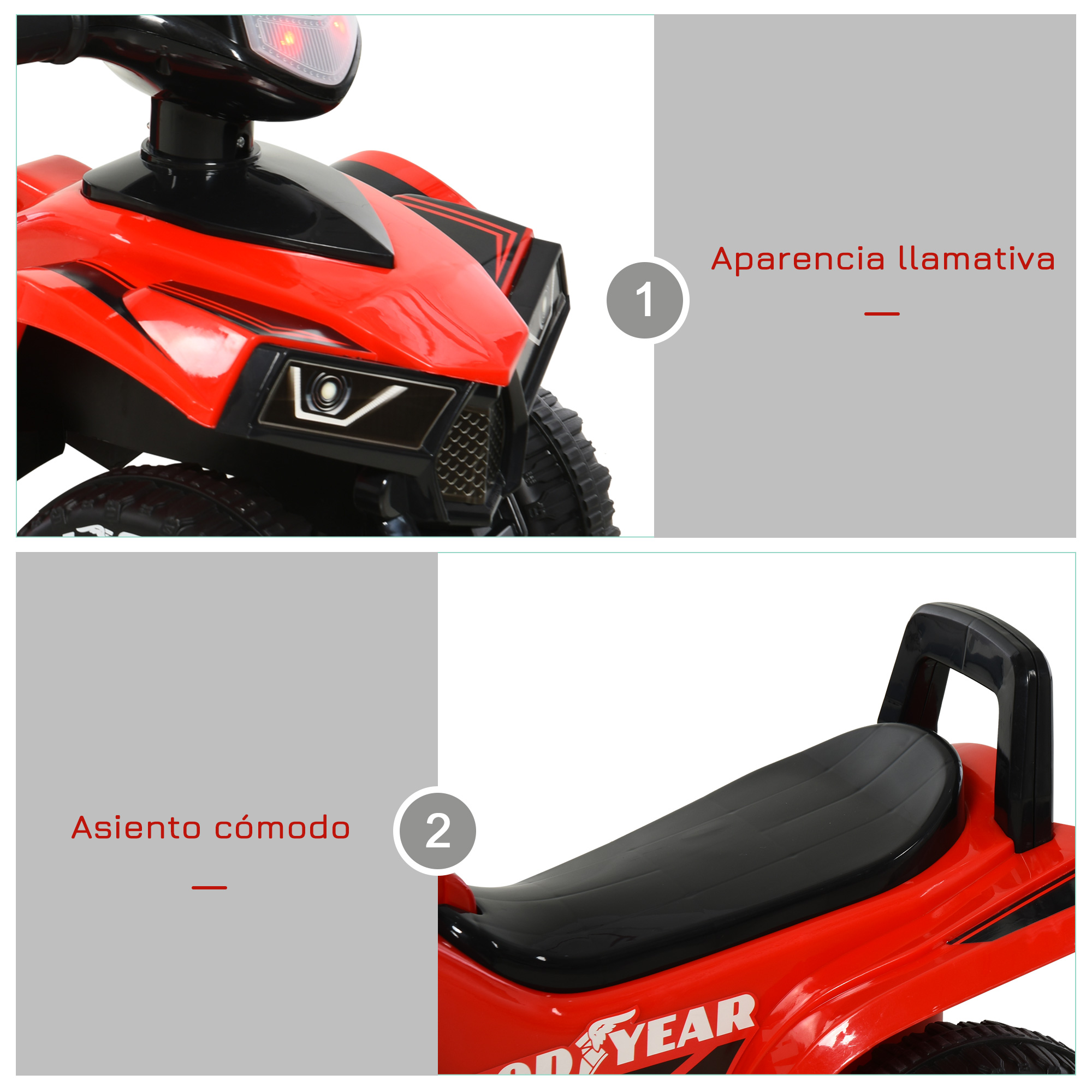 Quad infantil rojo con asiento y neumáticos negros. Vista cercana.