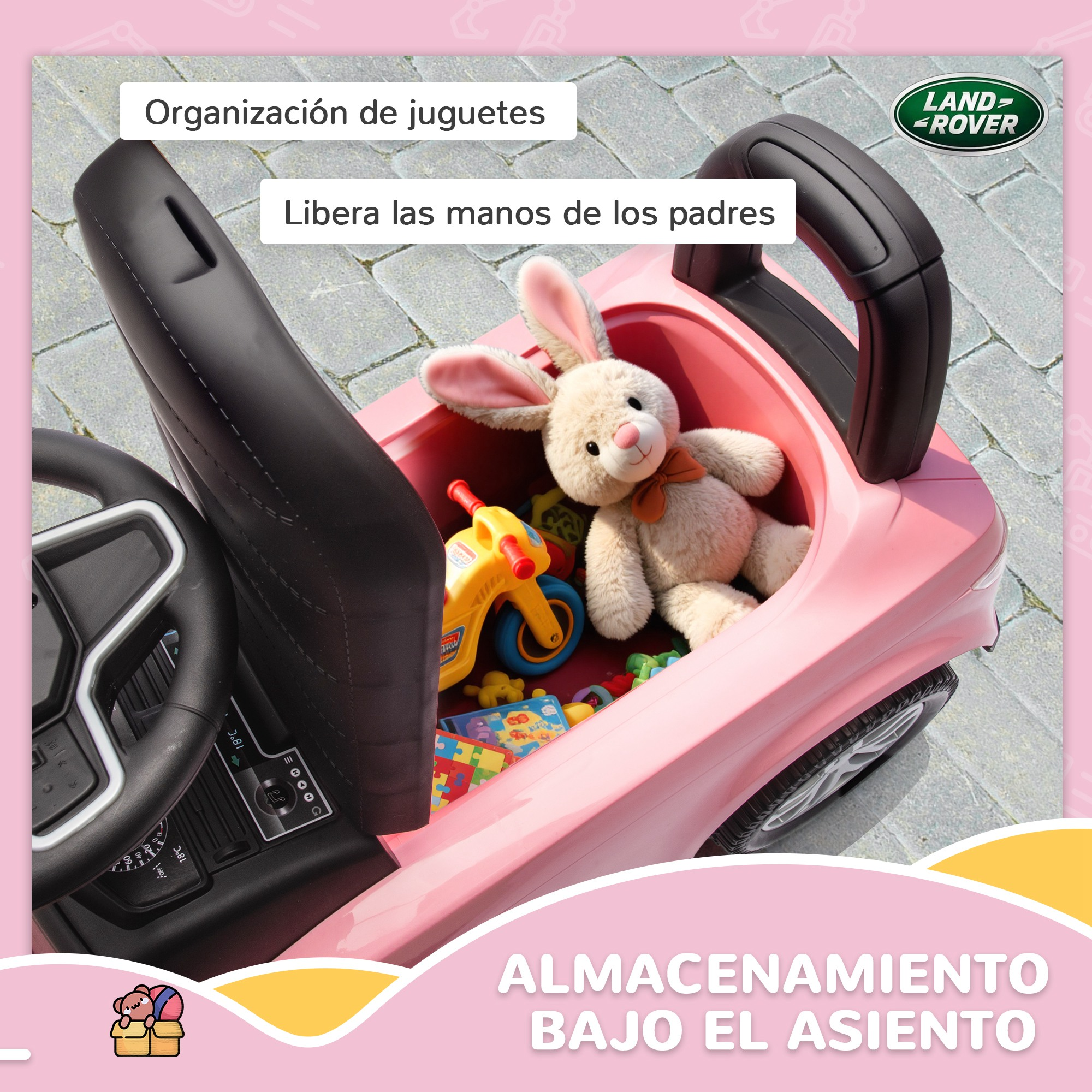 Un coche de juguete rosa con un oso de peluche y juguetes dentro.