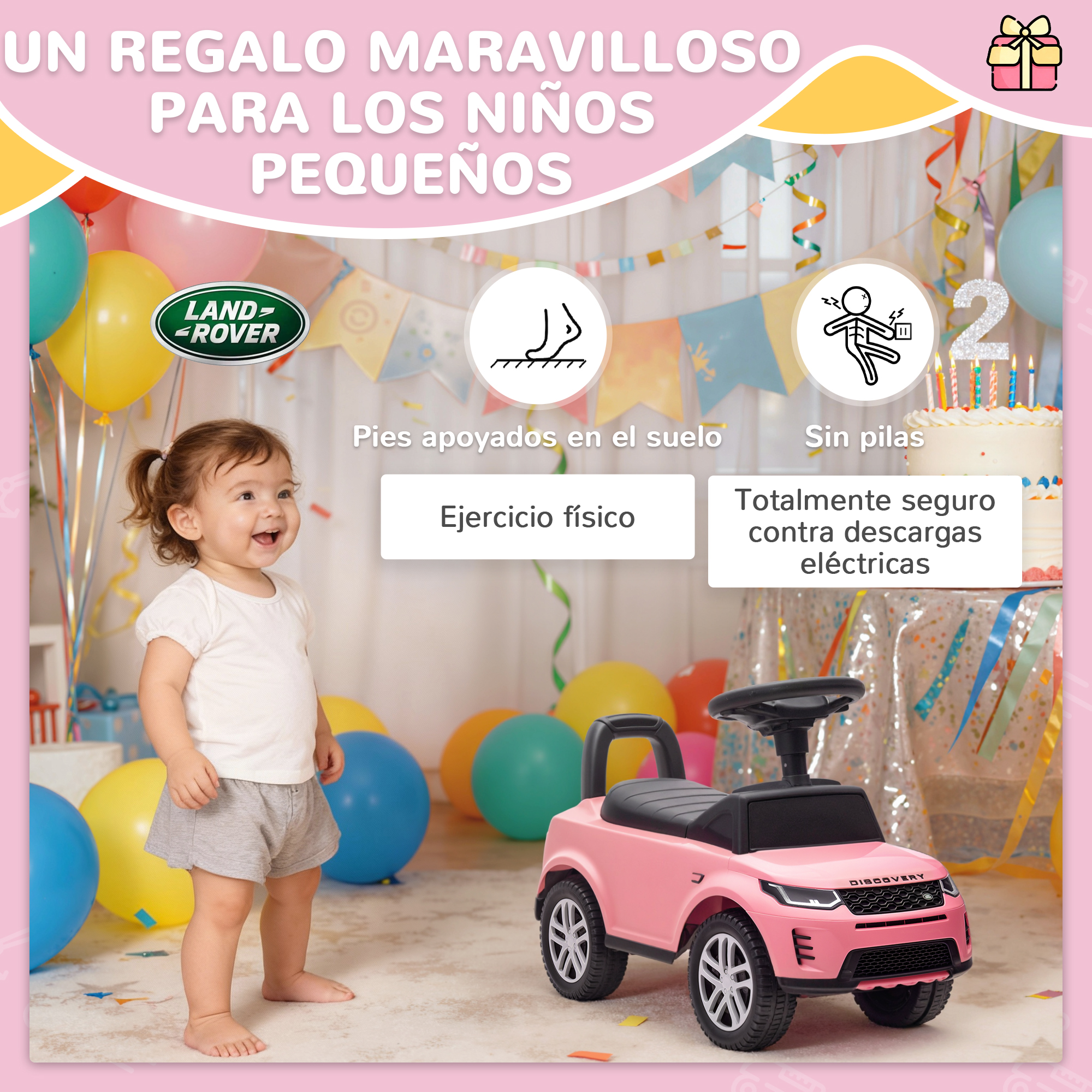 Una niña pequeña está junto a un coche de juguete rosa, rodeada de globos y decoración.