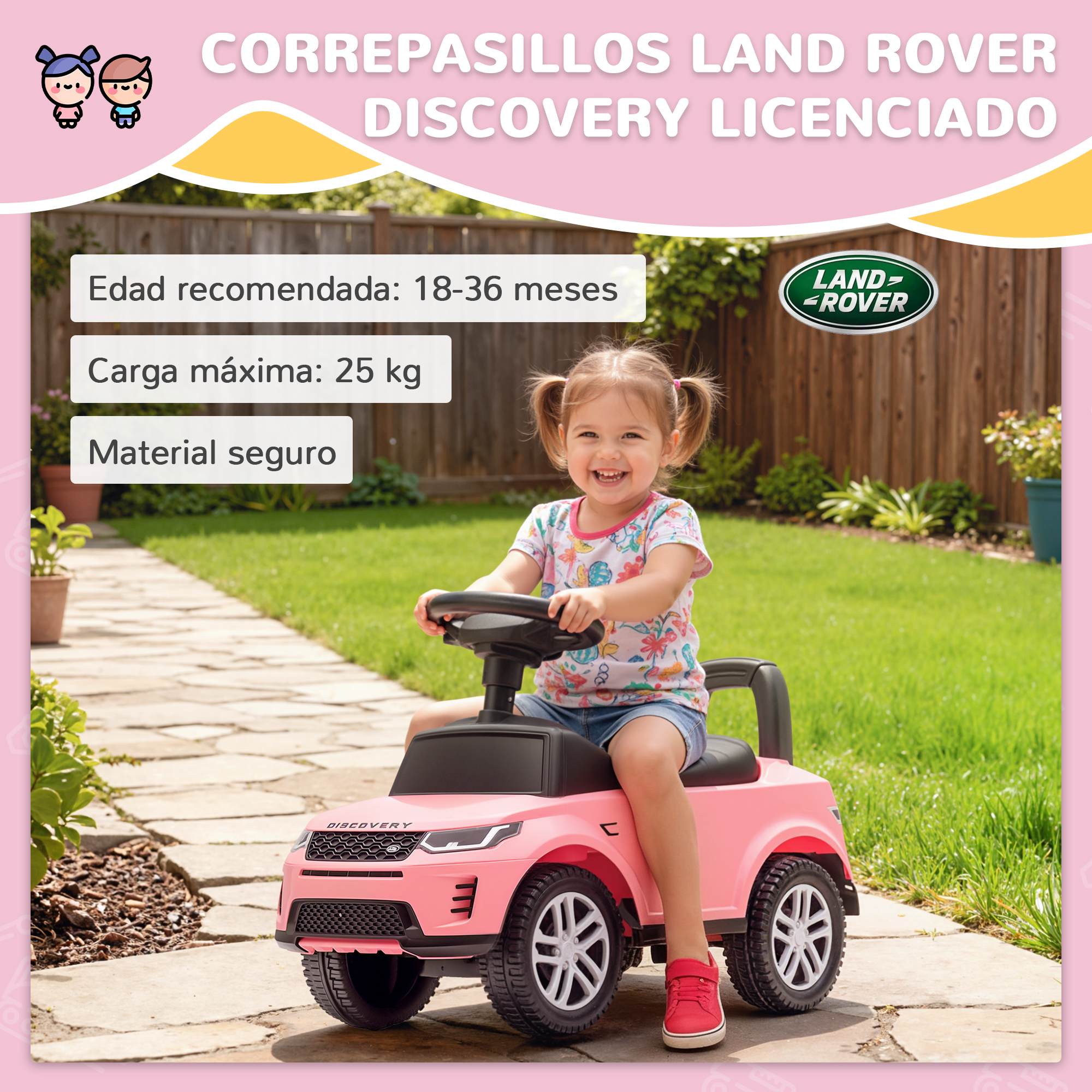 Una niña sentada en un Land Rover Discovery de juguete rosa en el jardín.
