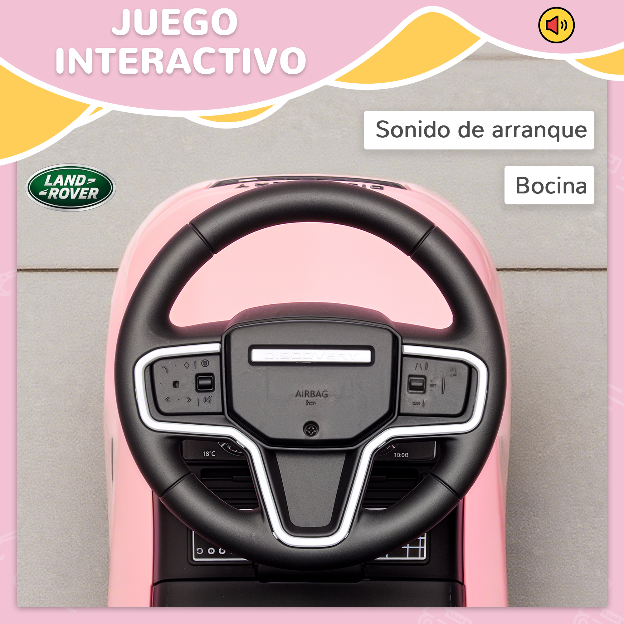 Volante de coche de juguete rosa con logo Land Rover. "Sonido de arranque" y "Bocina".