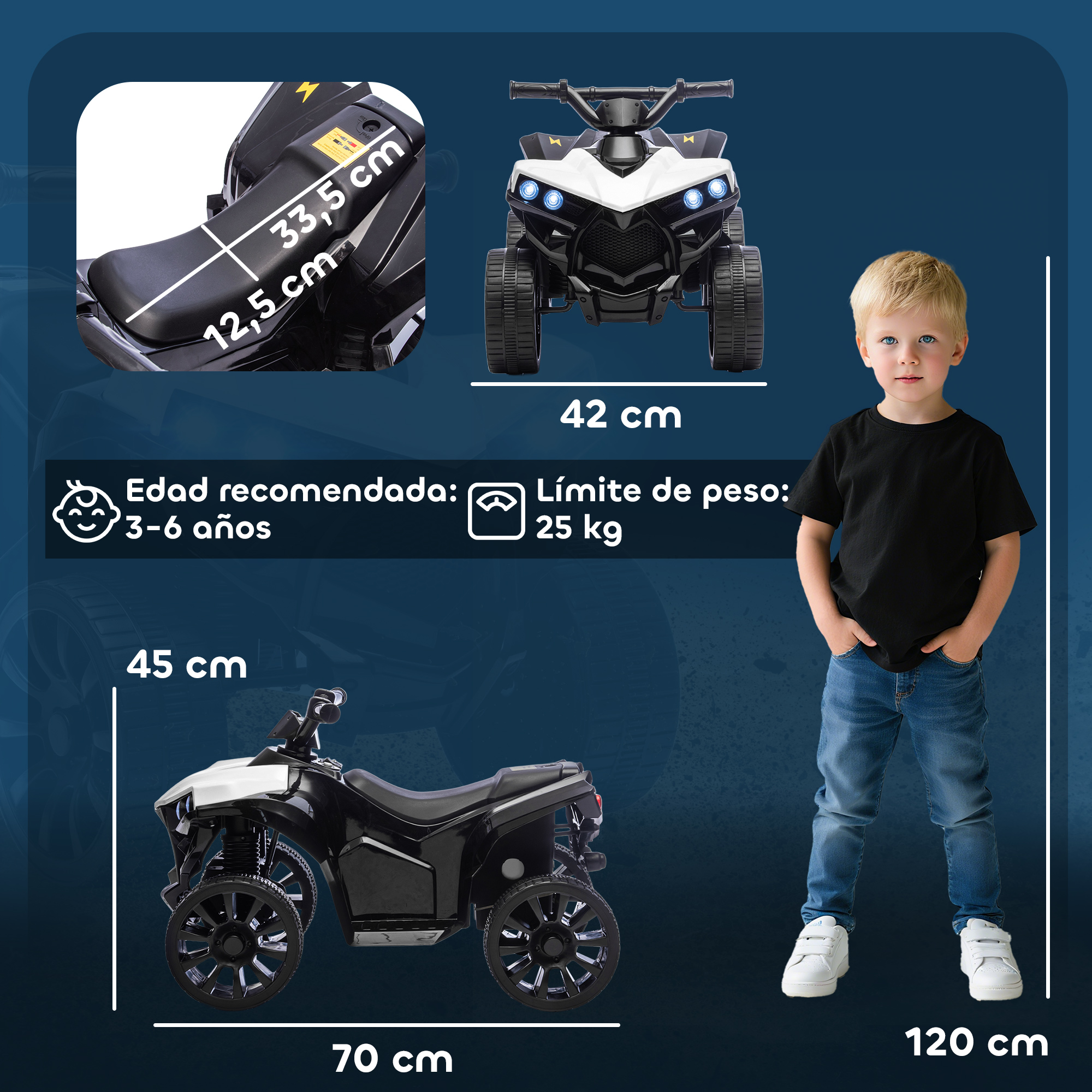Un niño junto a un quad eléctrico negro. Se muestran las dimensiones.