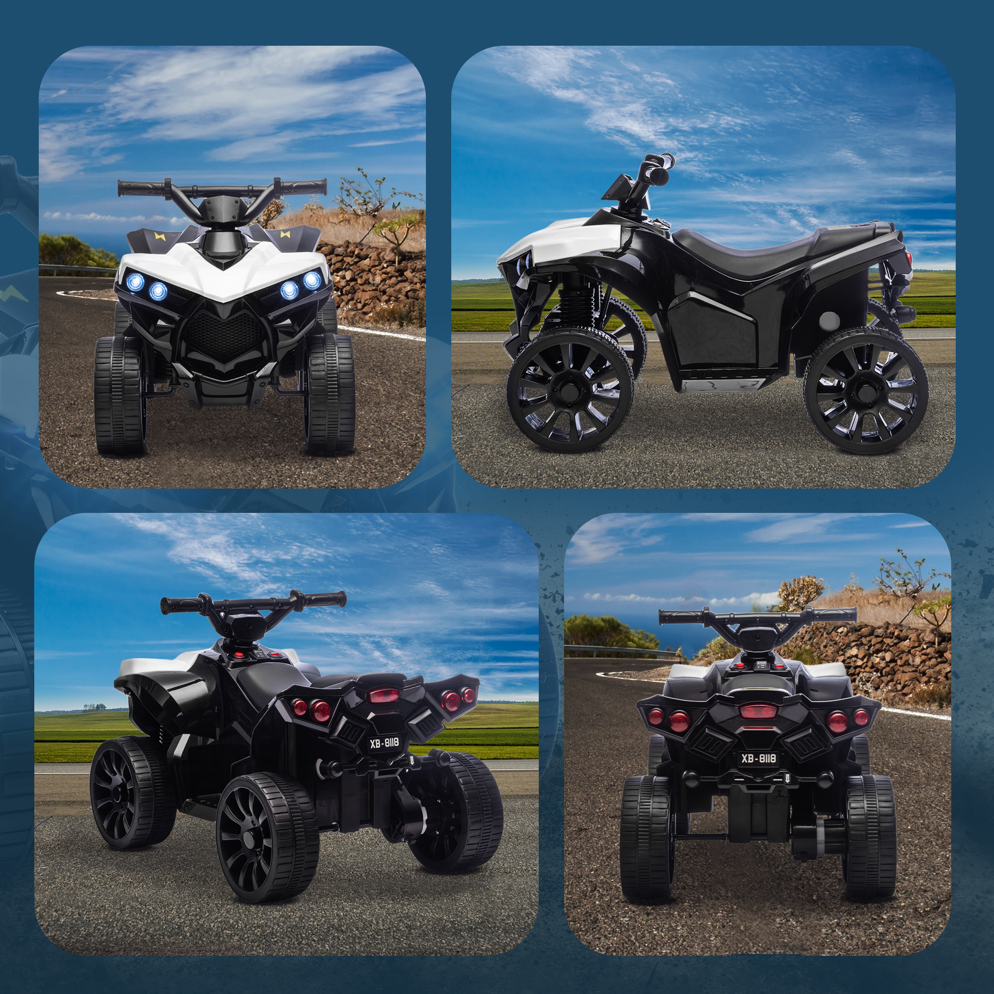 Un quad infantil blanco y negro en una carretera, con cielo azul y nubes.