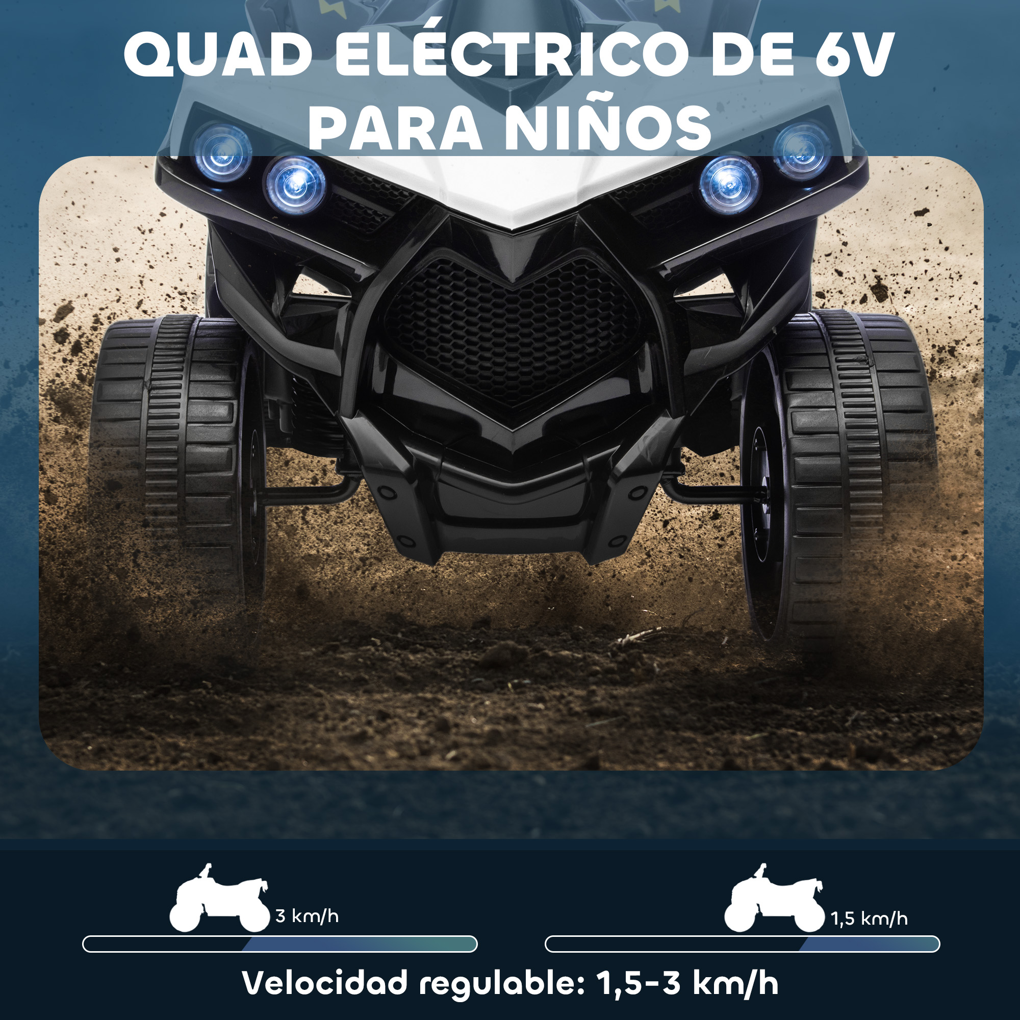 Un quad eléctrico negro para niños avanza sobre tierra.