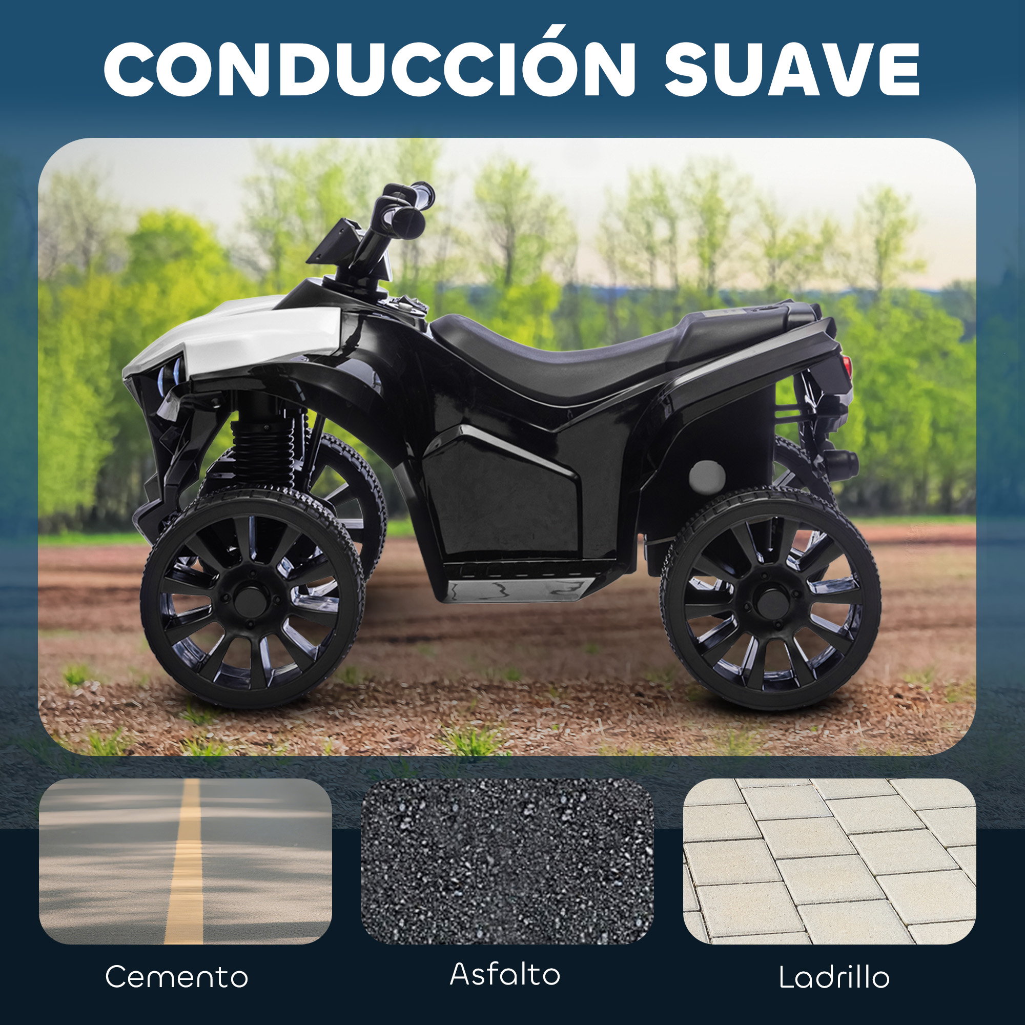 Un quad infantil negro con detalles blancos sobre terreno irregular ante árboles.