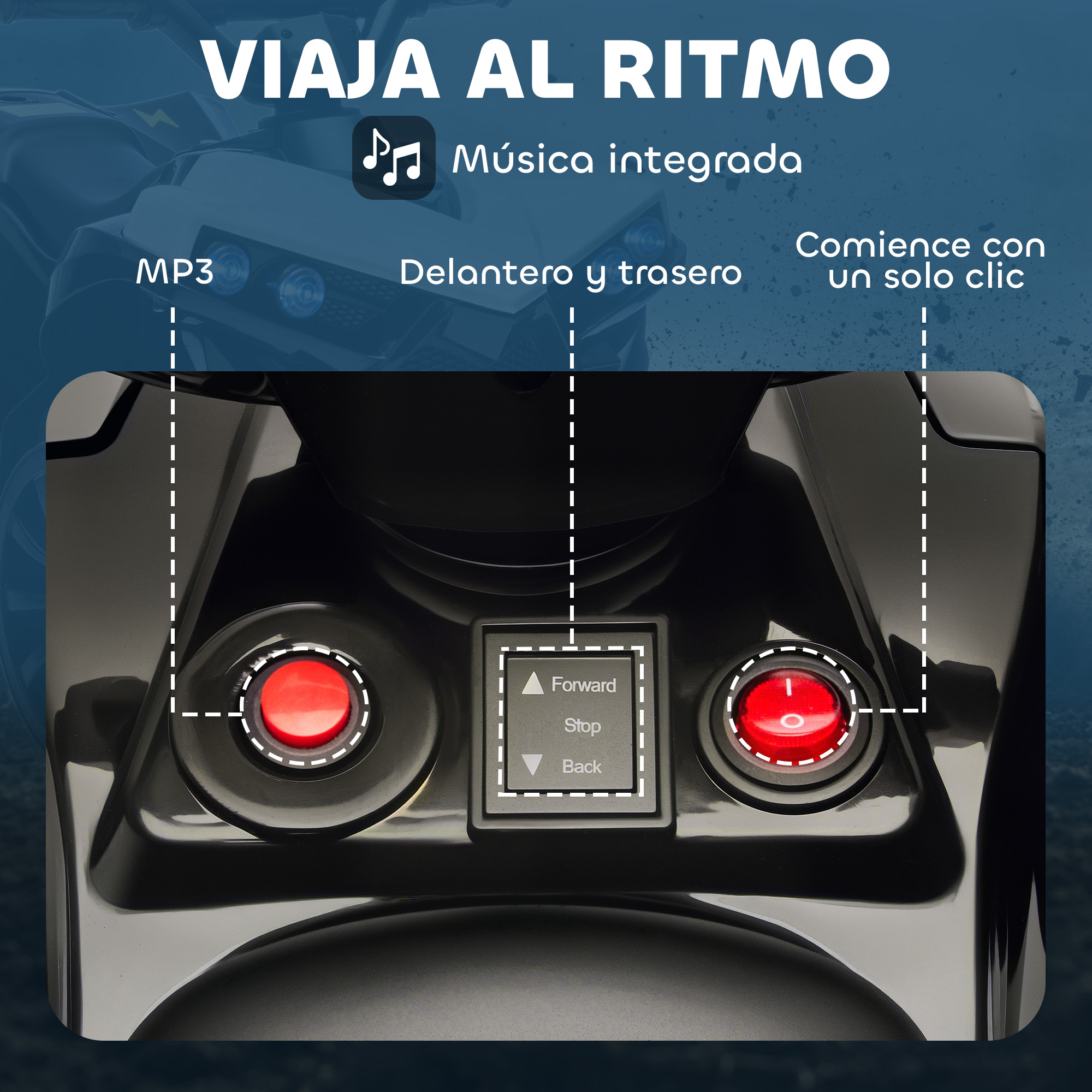 Primer plano de un coche de juguete negro con botones rojos y panel de control.