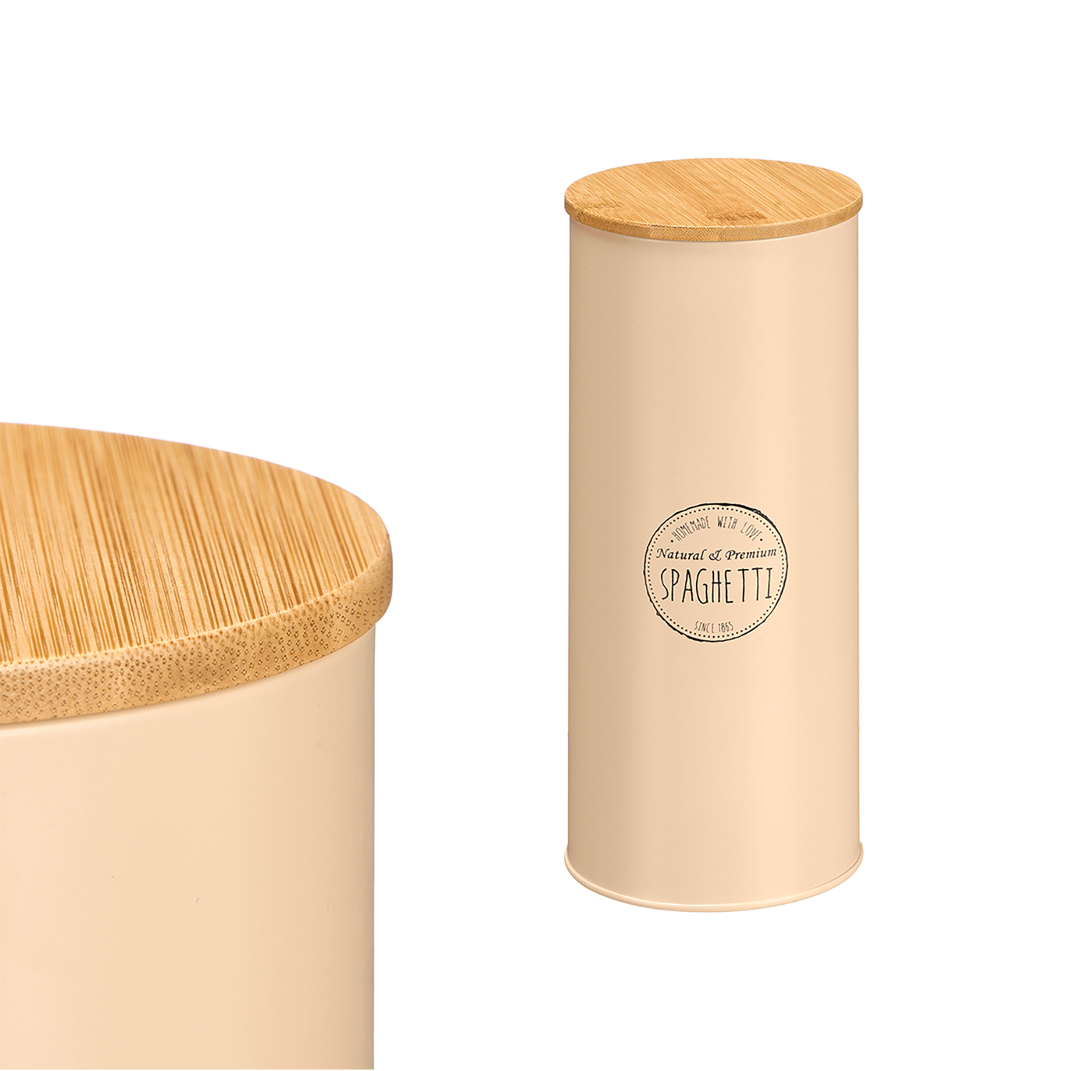 Un contenitore per spaghetti color pesca con base e coperchio in legno.