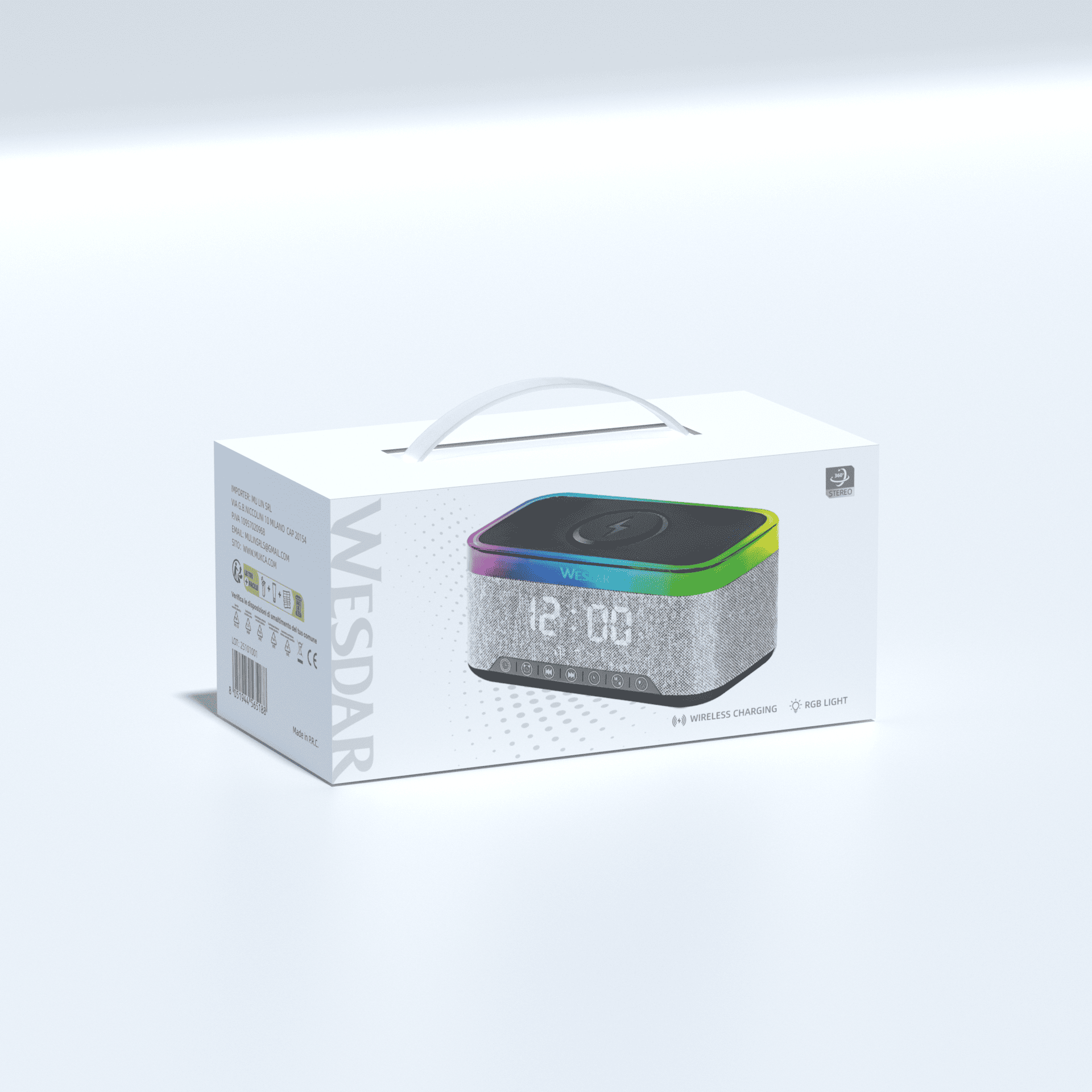 RGB ışıklı ve kablosuz şarj özellikli Wesdar hoparlör ambalajı.