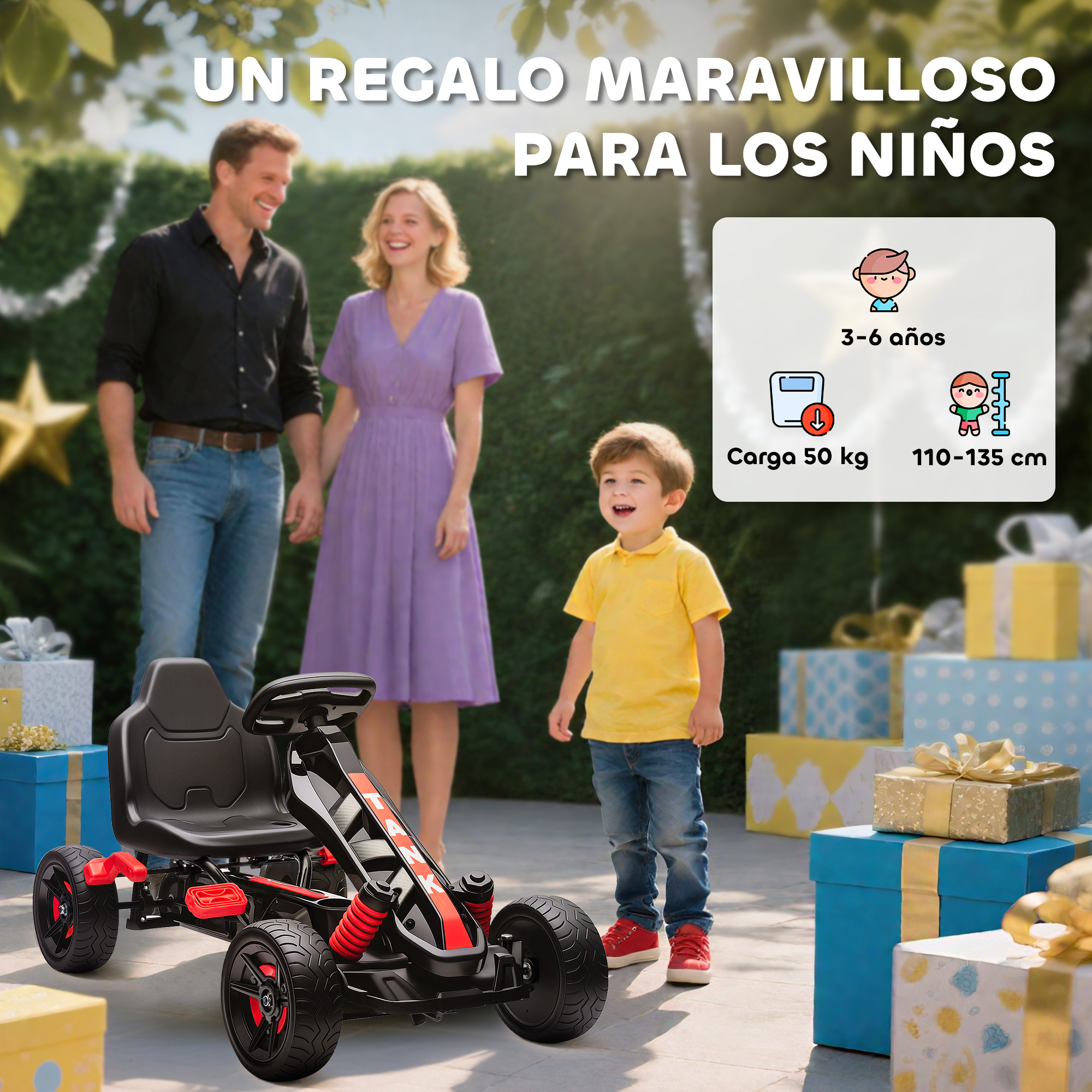 Padres con niño frente a un kart, rodeados de regalos.