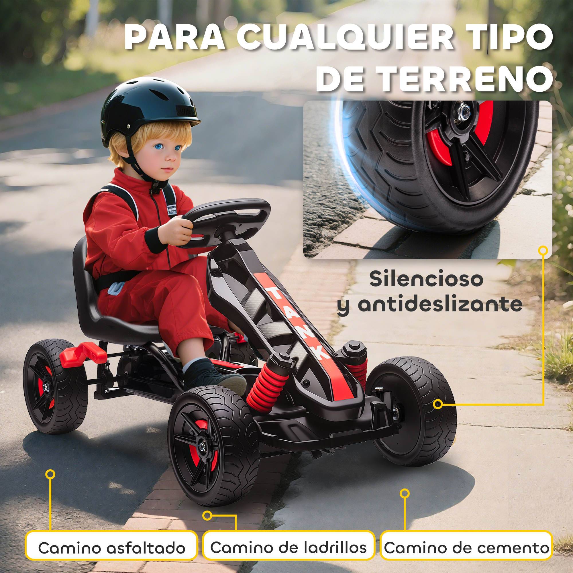 Un niño con traje de carreras rojo conduce un go-kart negro en una carretera.