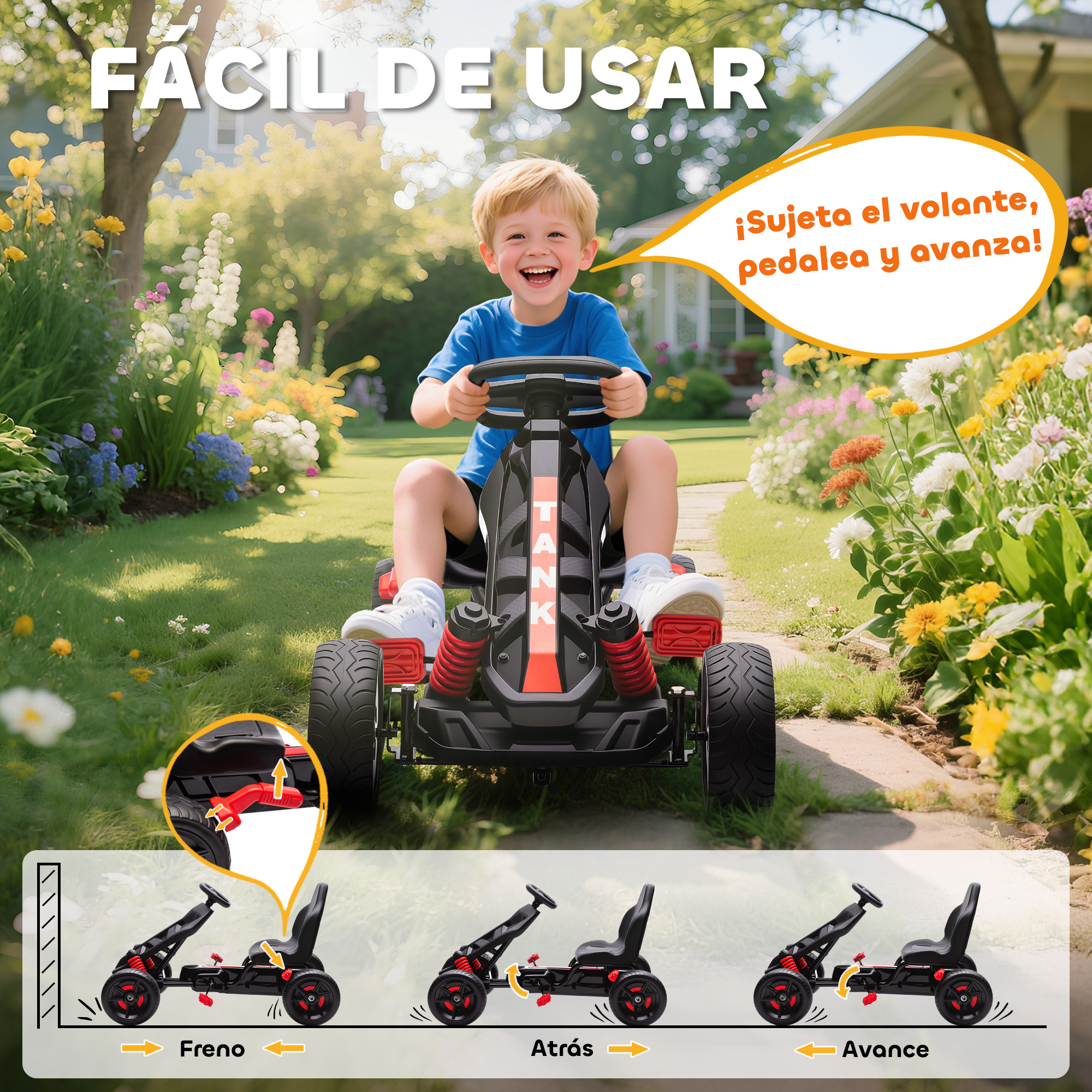 Un niño monta un go-kart a pedales en un camino de jardín con flores.