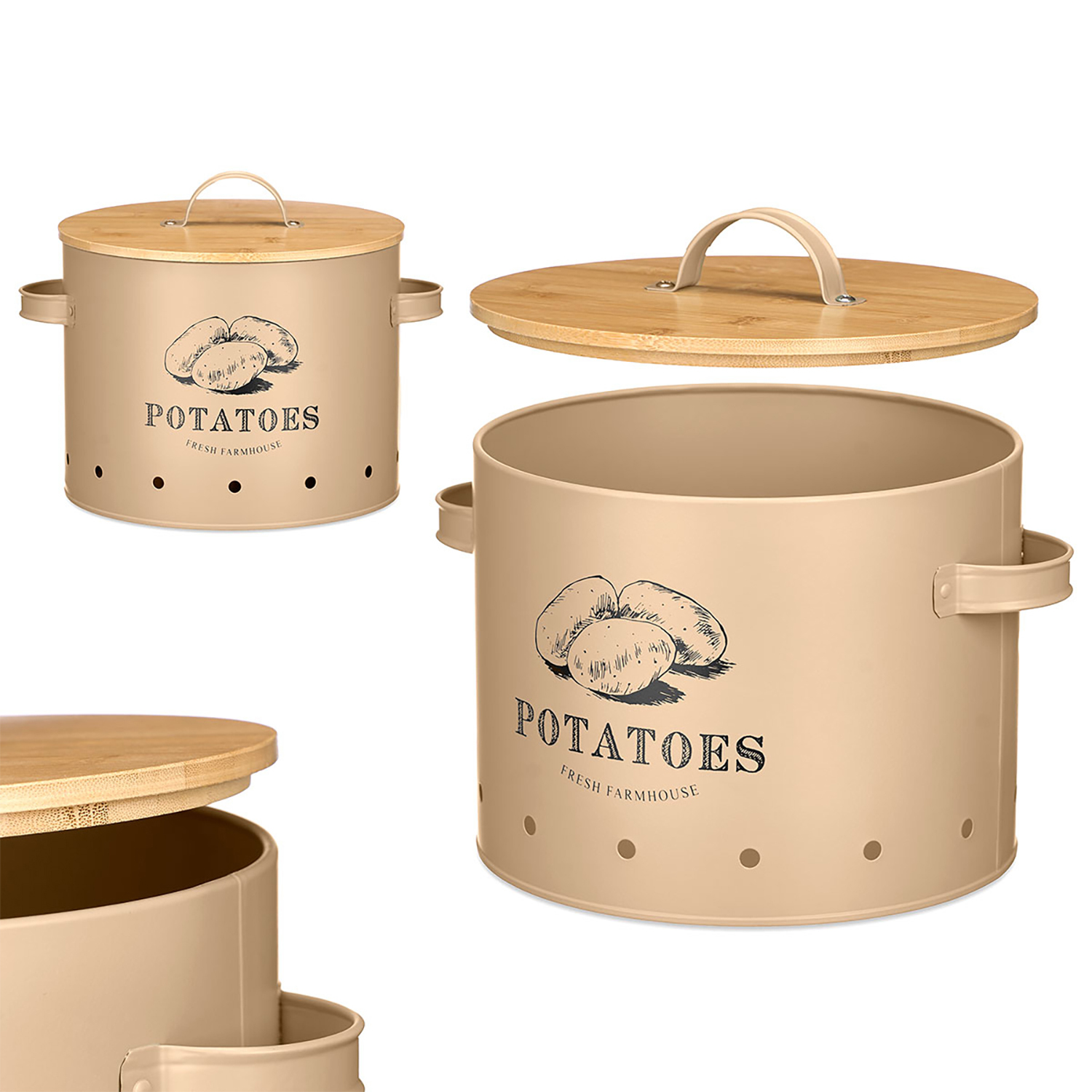 Contenitore patate beige con coperchio e manici in bambù. Fori di ventilazione.
