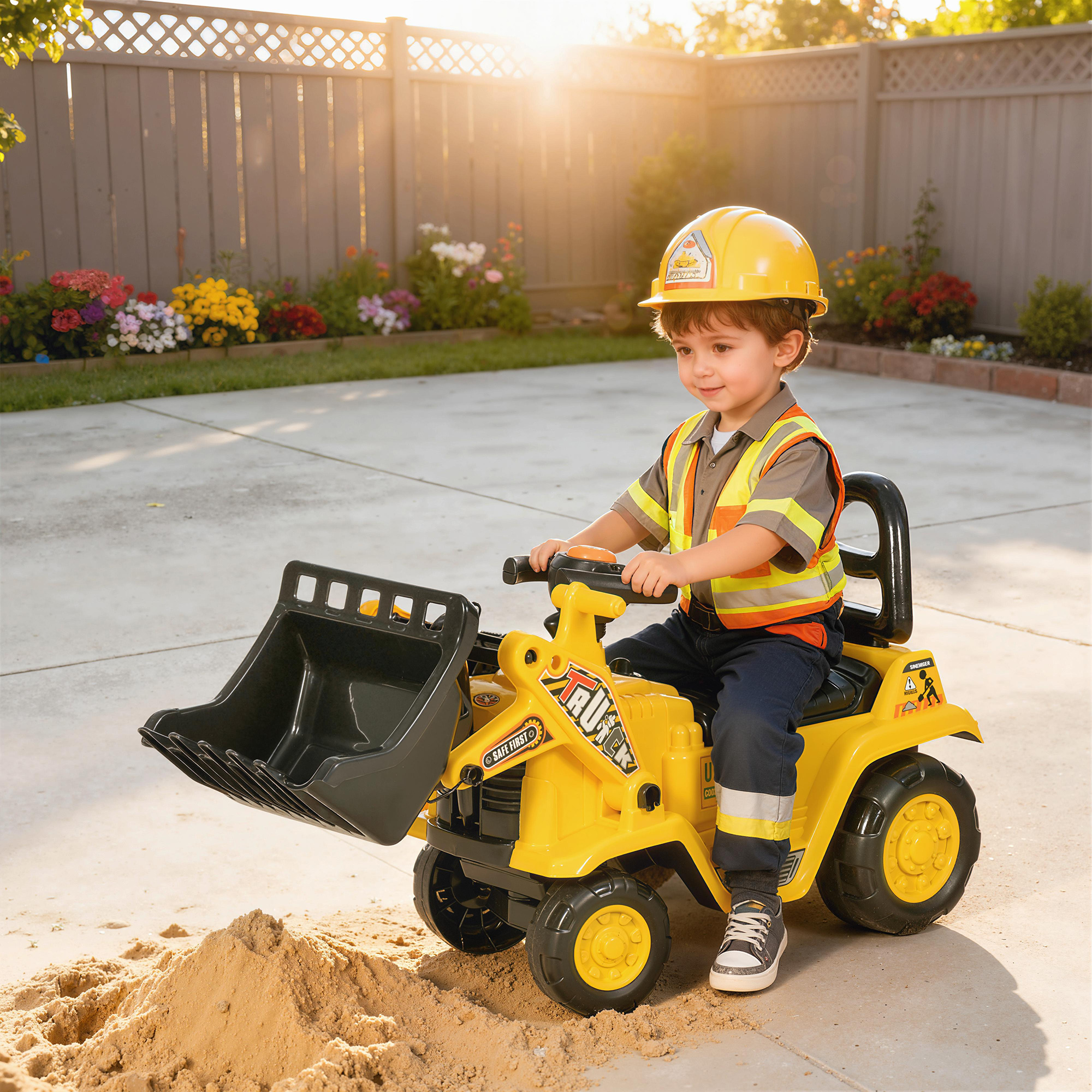 Un niño vestido de constructor monta una excavadora de juguete amarilla.