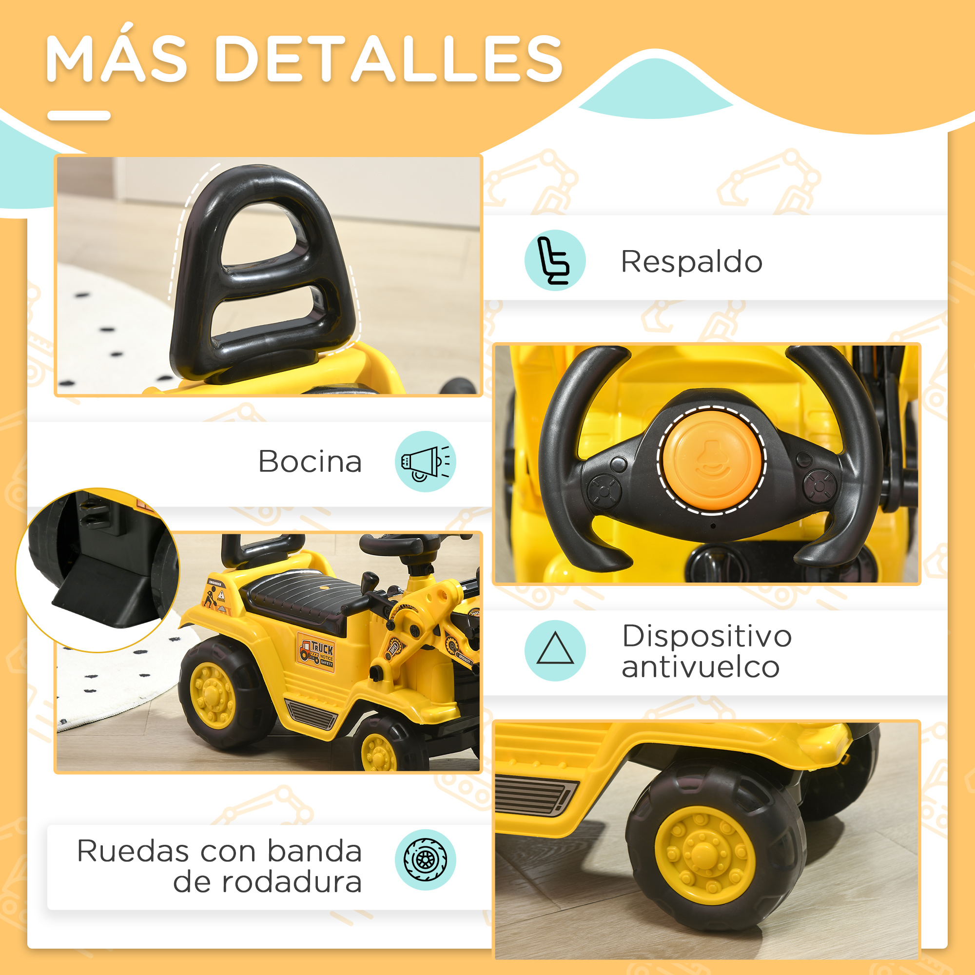 Coche de juguete amarillo con respaldo, volante, bocina y ruedas con banda.