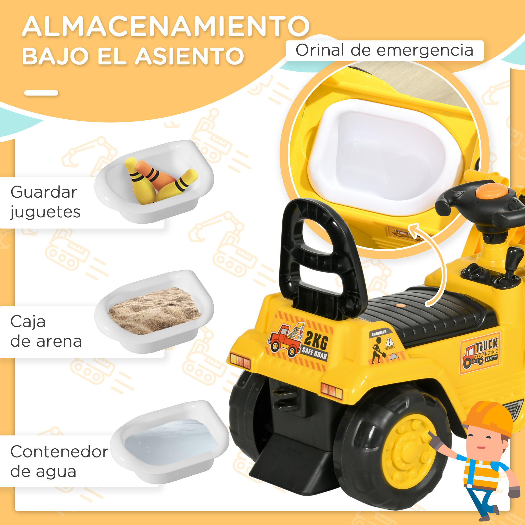 Un vehículo de construcción de juguete amarillo con asiento de orinal, contenedores y un obrero.