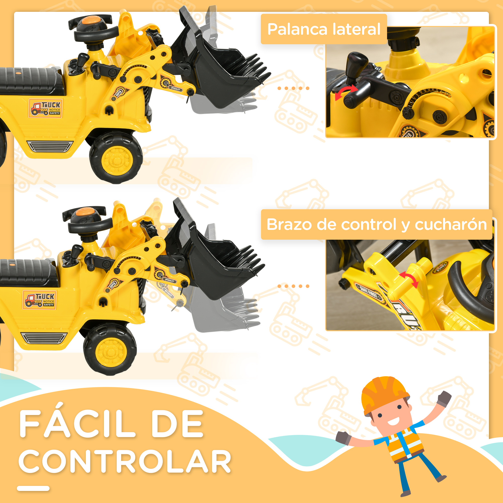 Excavadora de juguete amarilla con pala negra y volante. Primeros planos de los controles.